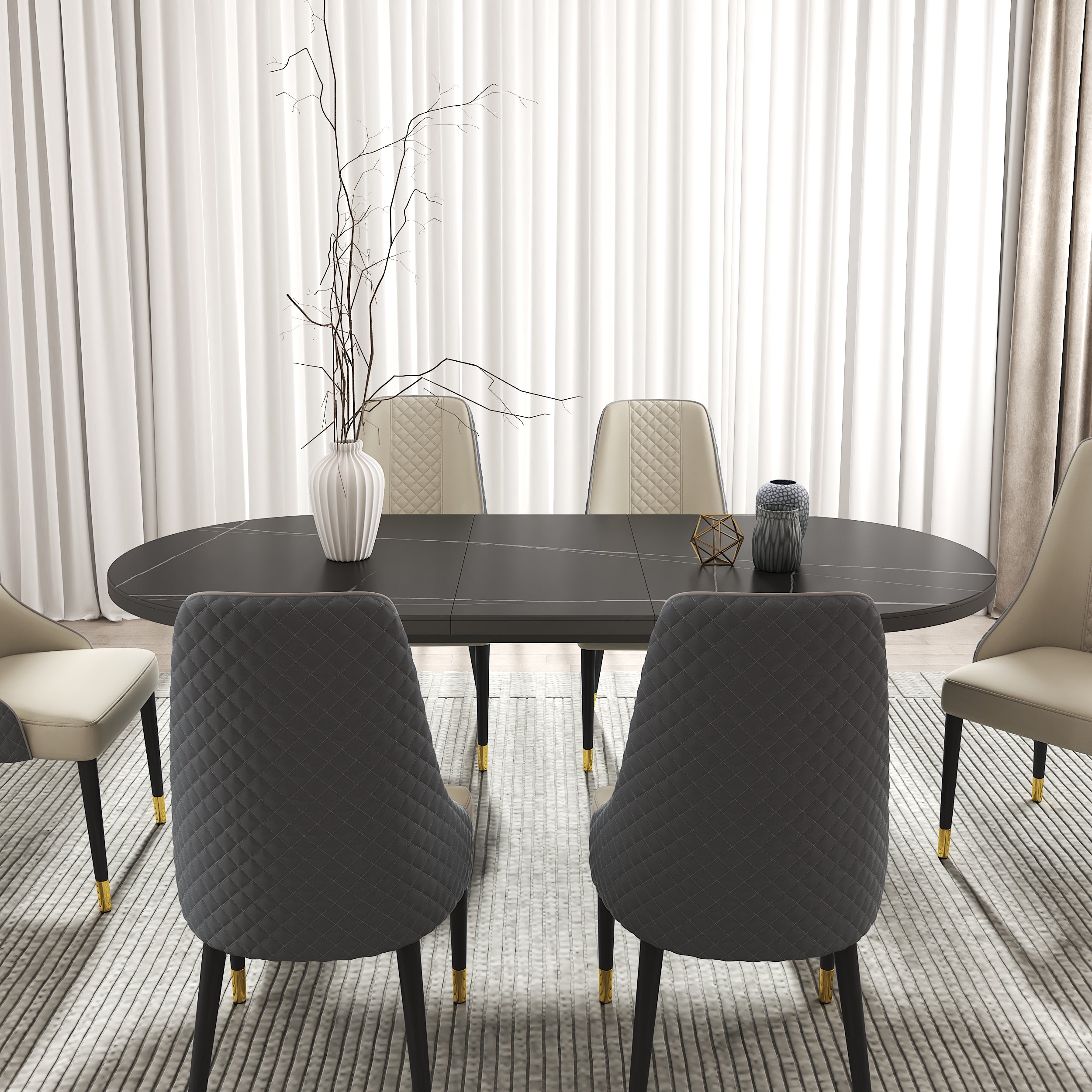 HMR - 79''-95'' Oval Extendable Sintered Stone Top Dining Table Seats 8-10