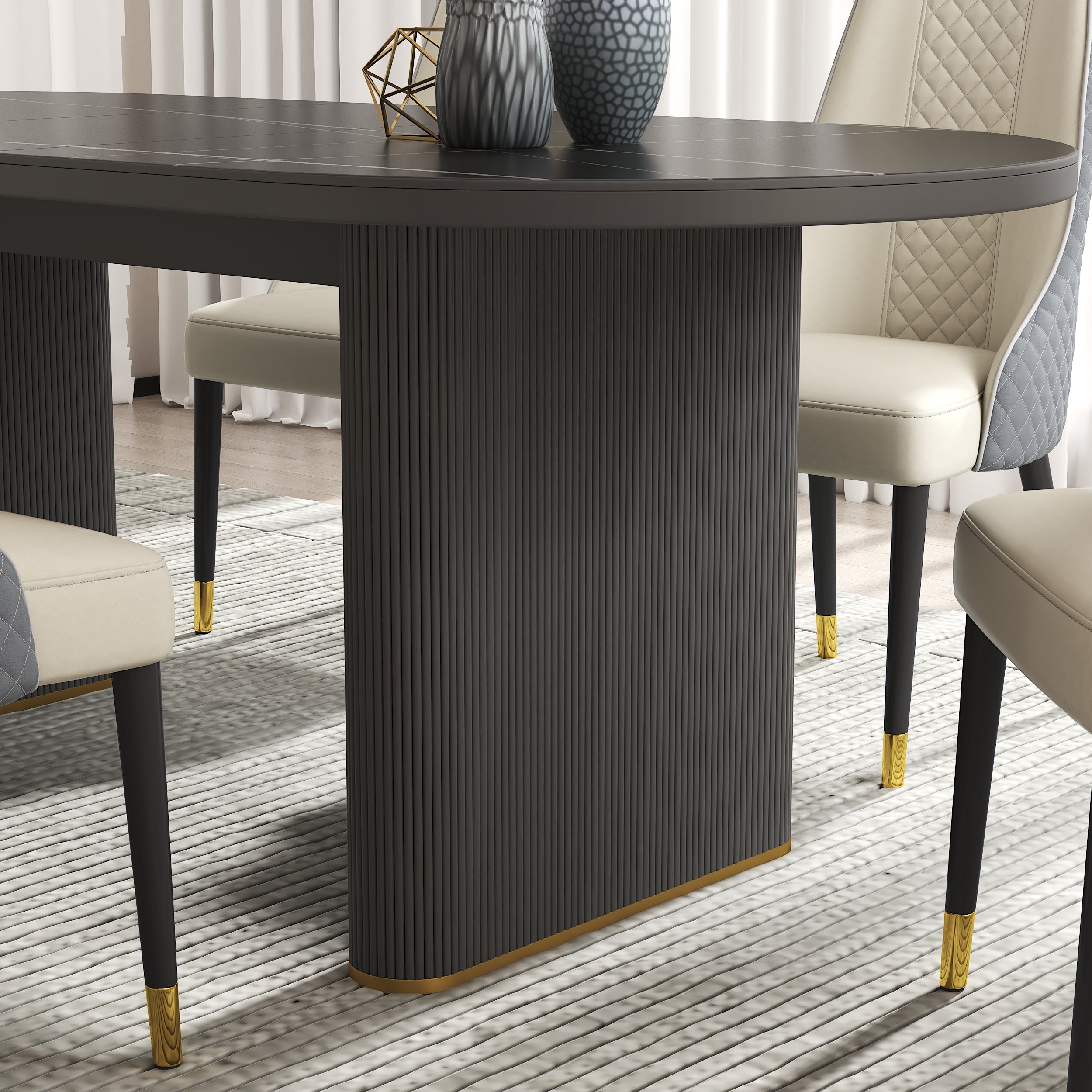 HMR - 79''-95'' Oval Extendable Sintered Stone Top Dining Table Seats 8-10