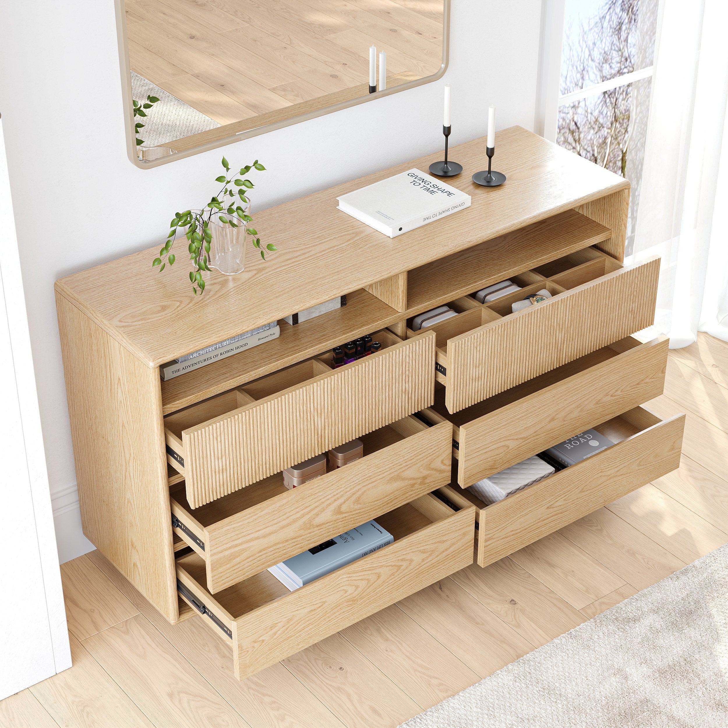 HMR - 47" Modern 6-Drawer Wood Dresser with Shelves