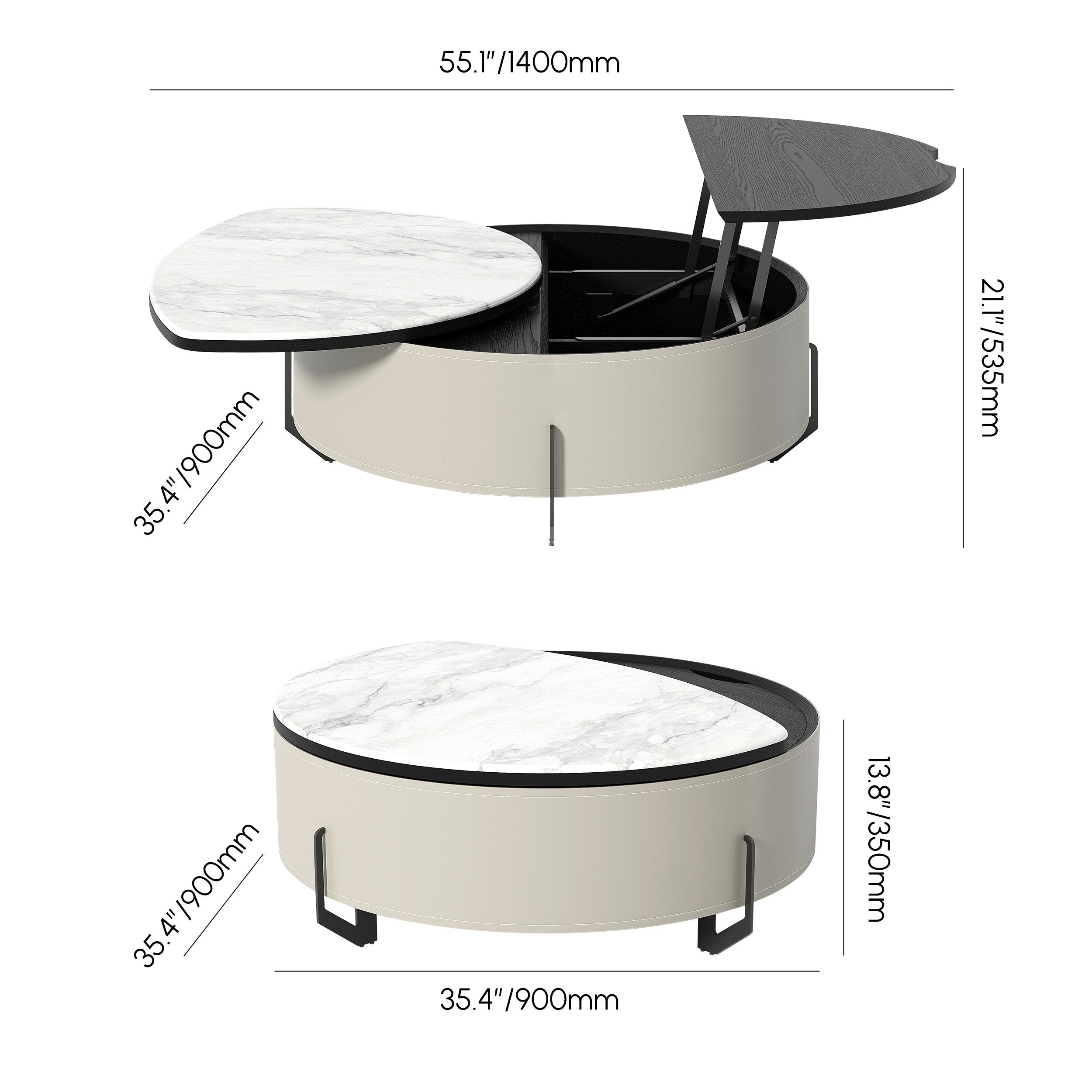 HMR - 35" White Faux Marble Leather Lift-Top Coffee Table