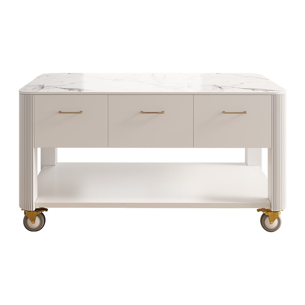 HMR - 60" White Kitchen Island with Wheels Modern Kitchen Cabinet Drawers&Doors&Shelf