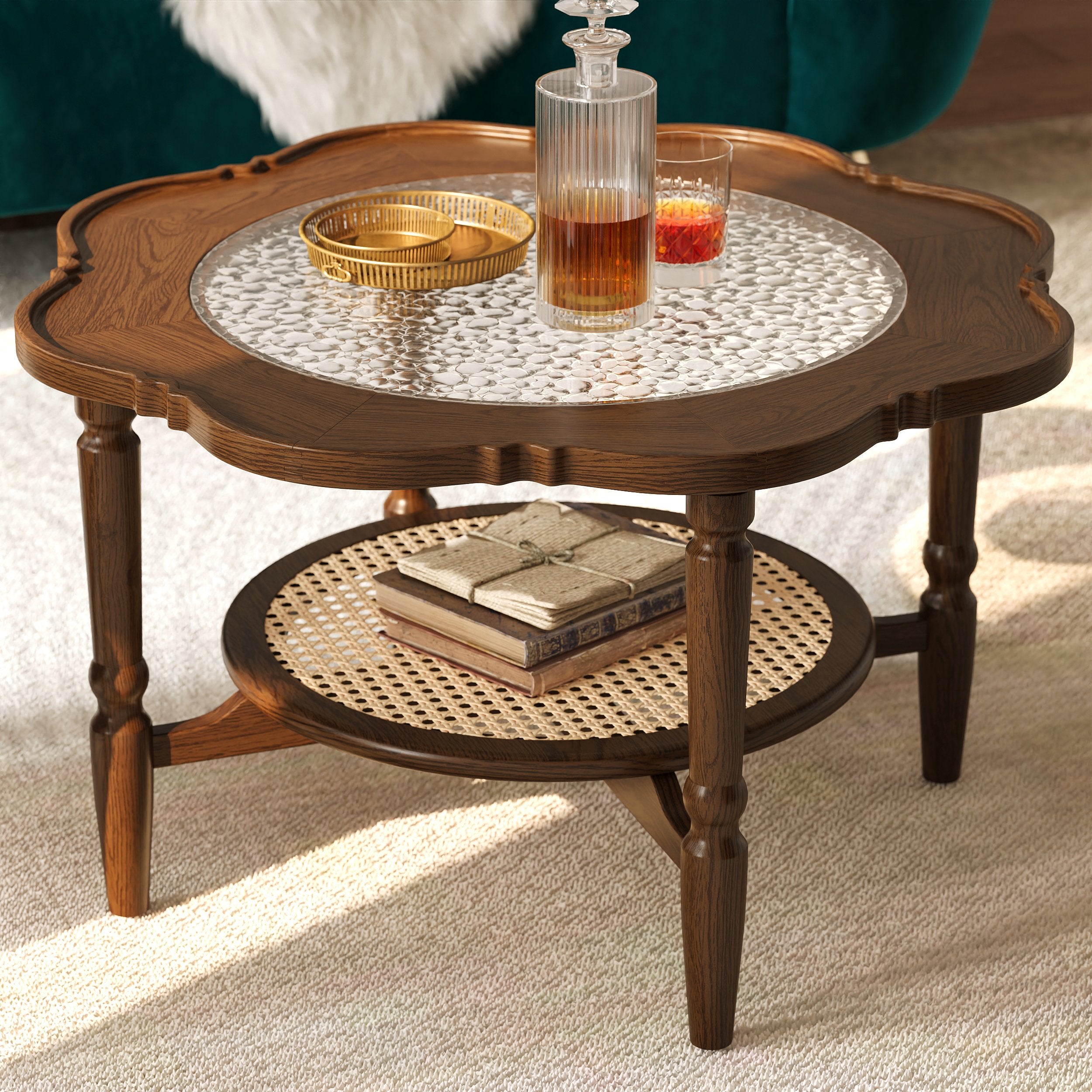 HMR - 31.5" Walnut Glass Top Wood Rattan 2-Tiered Coffee Table