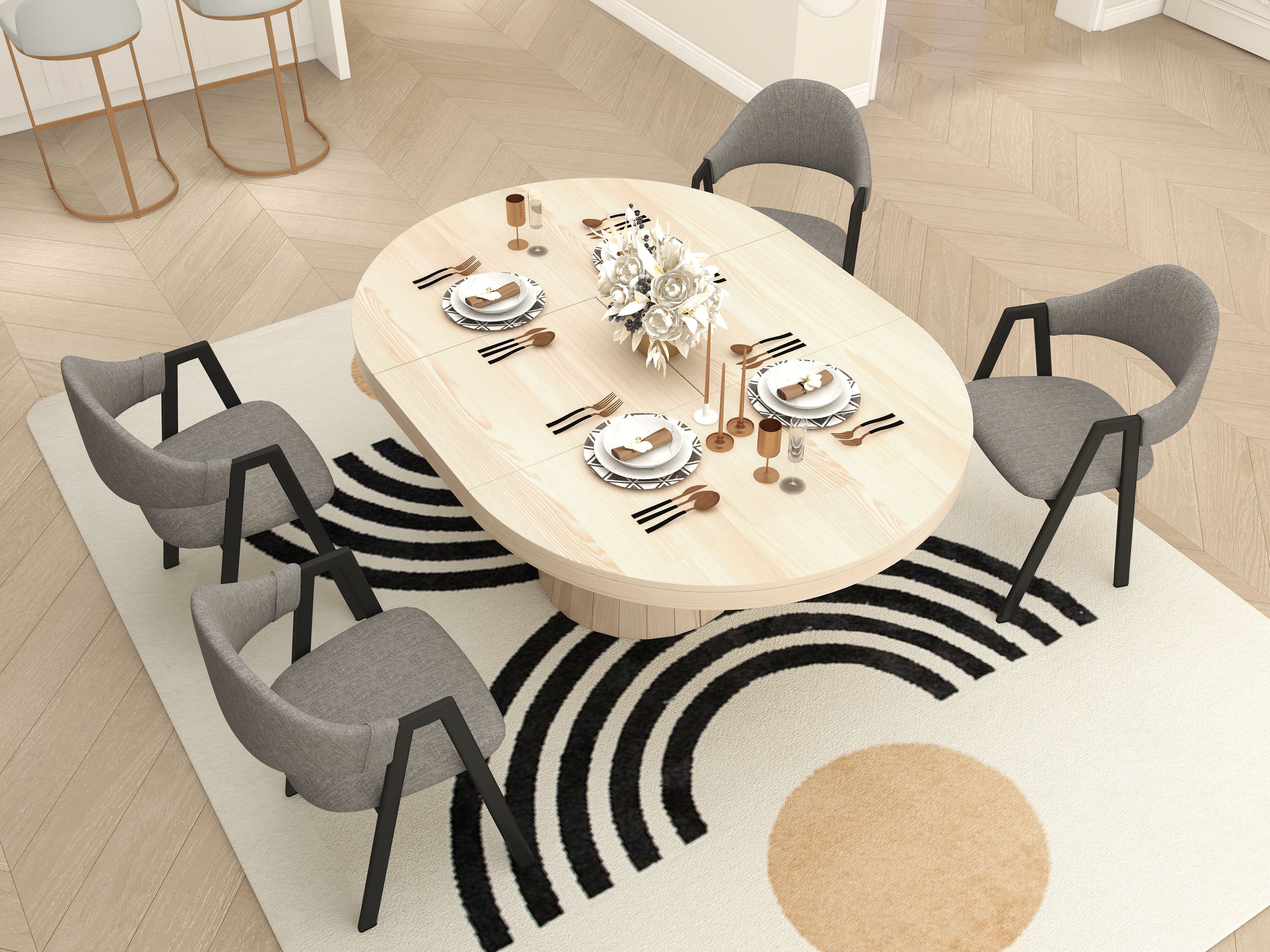HMR - 39"-55" Japandi Style Oval & Round Extendable Wood Dining Table (Seats 4-6 People)