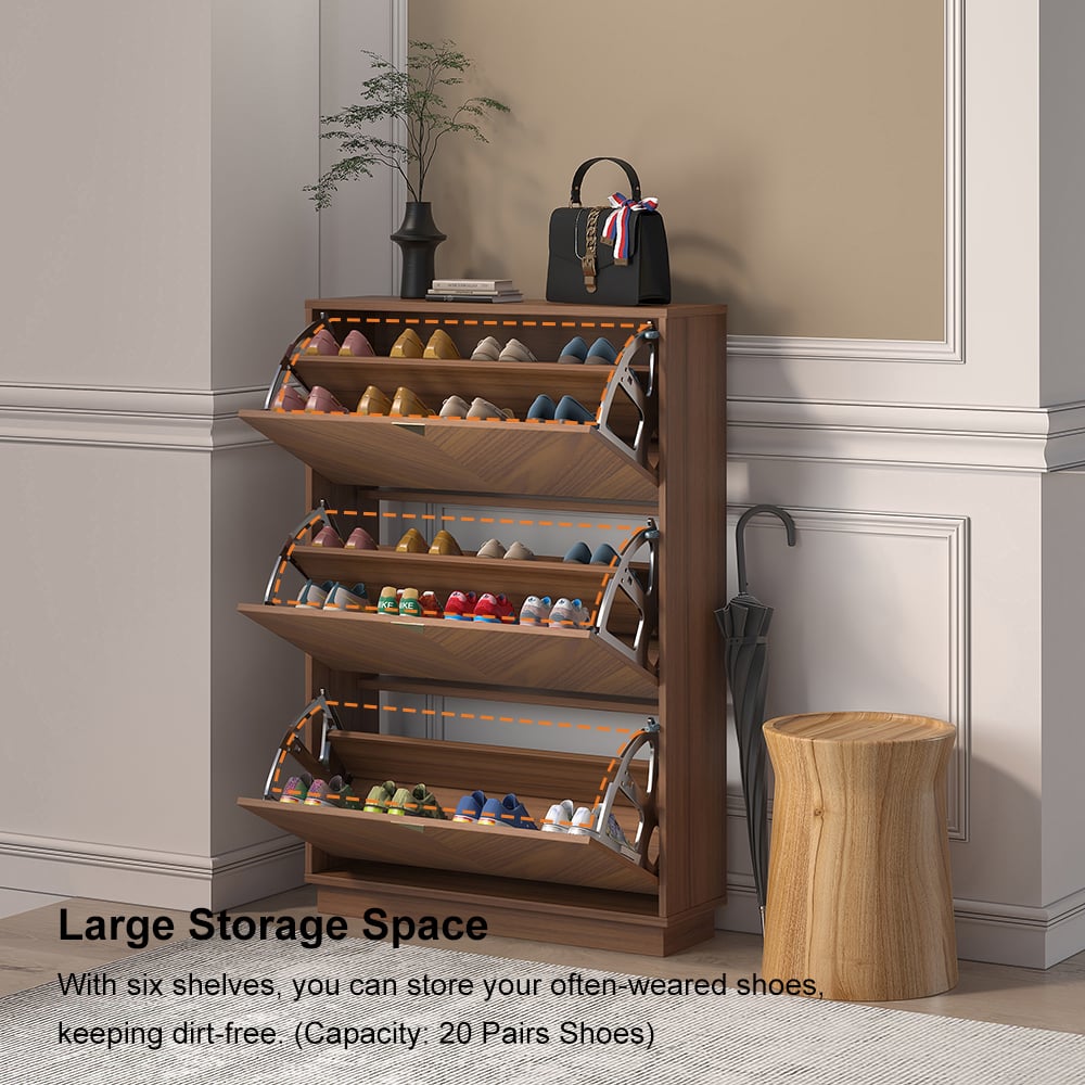 HMR - Capet Walnut Narrow Shoe Storage Cabinet with Flip Down Large Capacity up to 20 Pairs