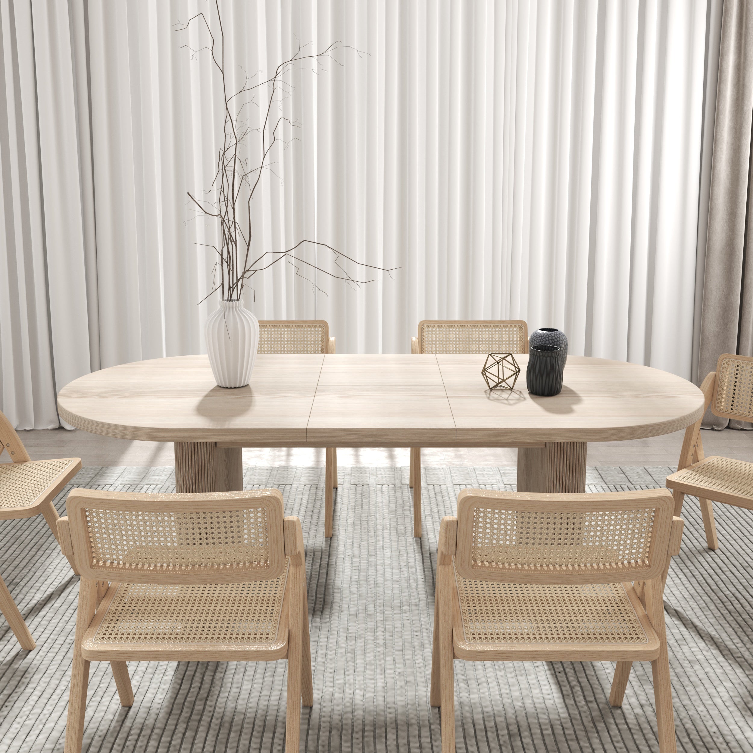 HMR - Dining Set 63"-79" Japandi Oval Extendable Dining Table Whitewash with Chairs