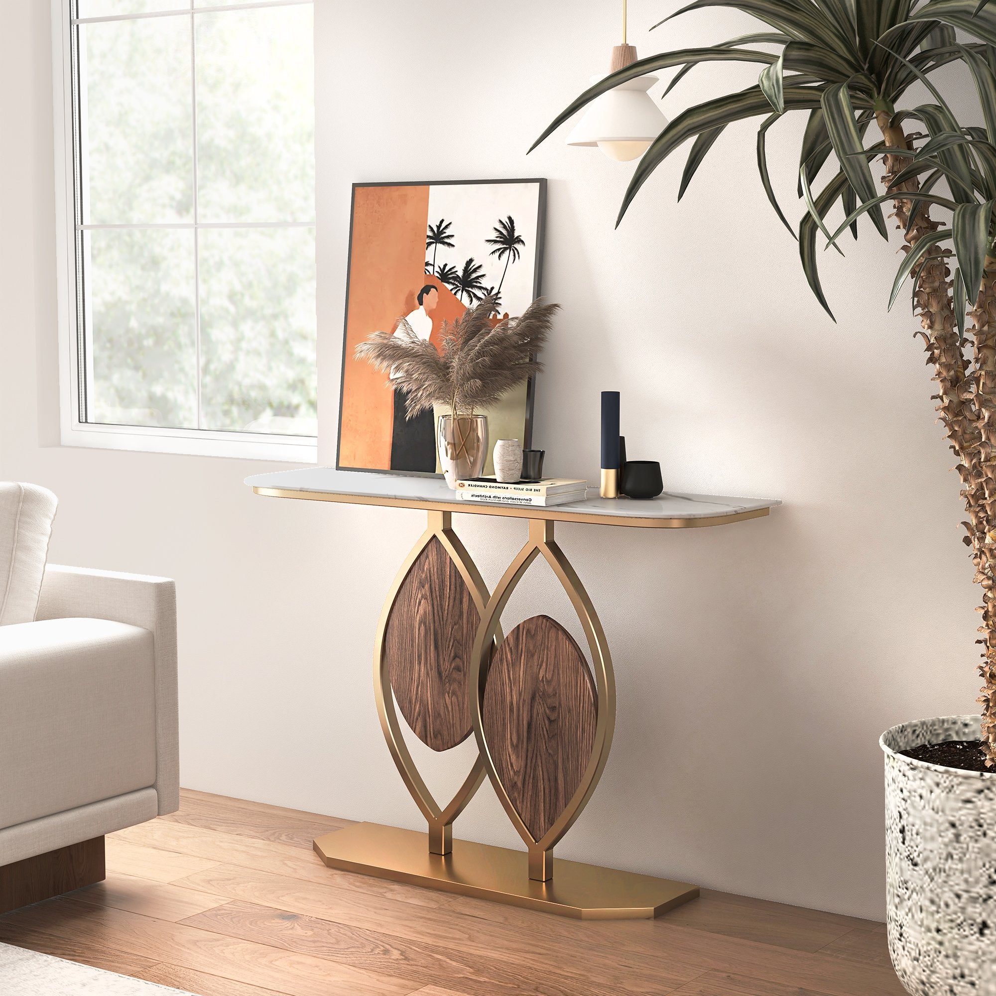 HMR - Duo 39.4" White Console Table Modern Accent Table For Entryway with Sintered Stone Top