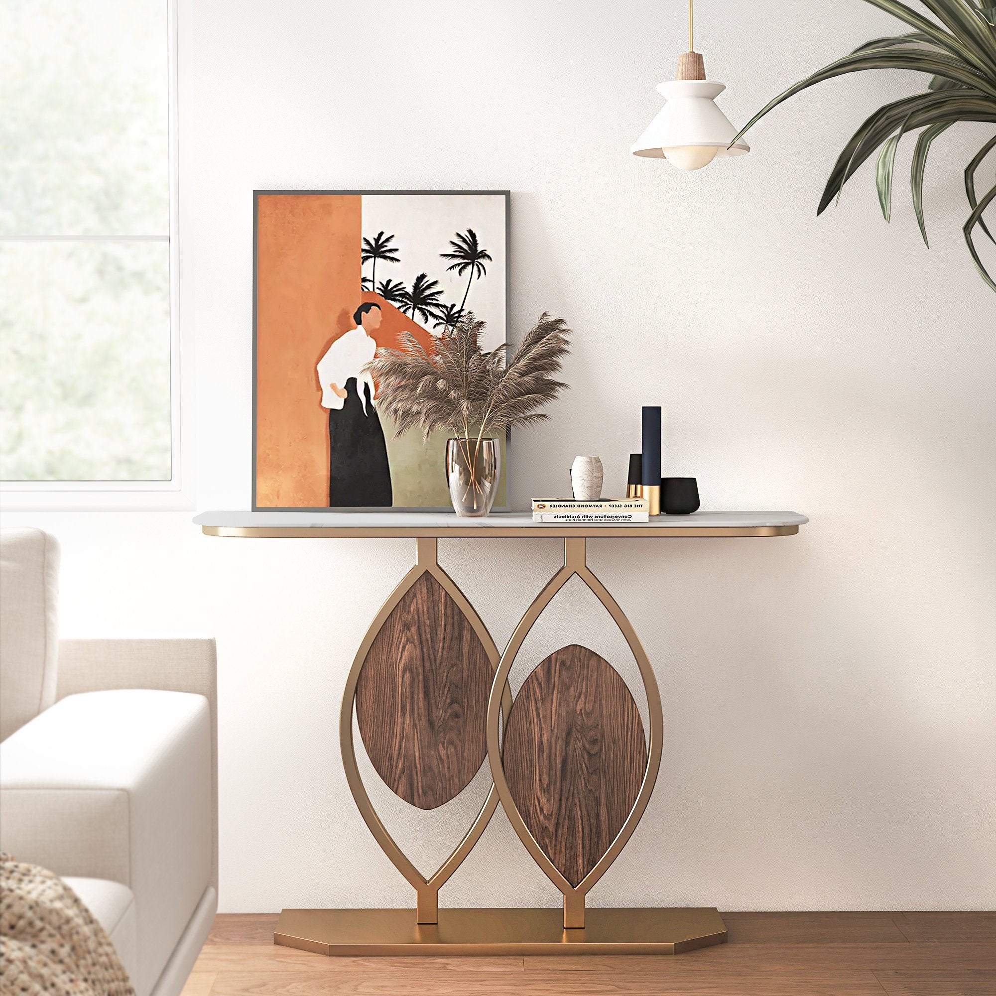 HMR - Duo 39.4" White Console Table Modern Accent Table For Entryway with Sintered Stone Top