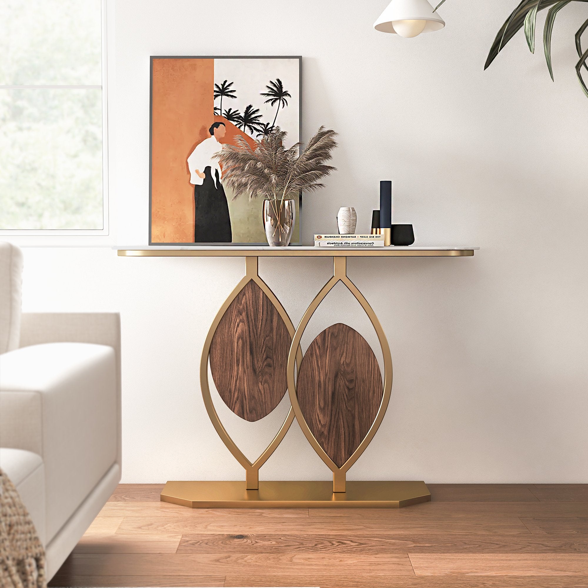HMR - Duo 39.4" White Console Table Modern Accent Table For Entryway with Sintered Stone Top