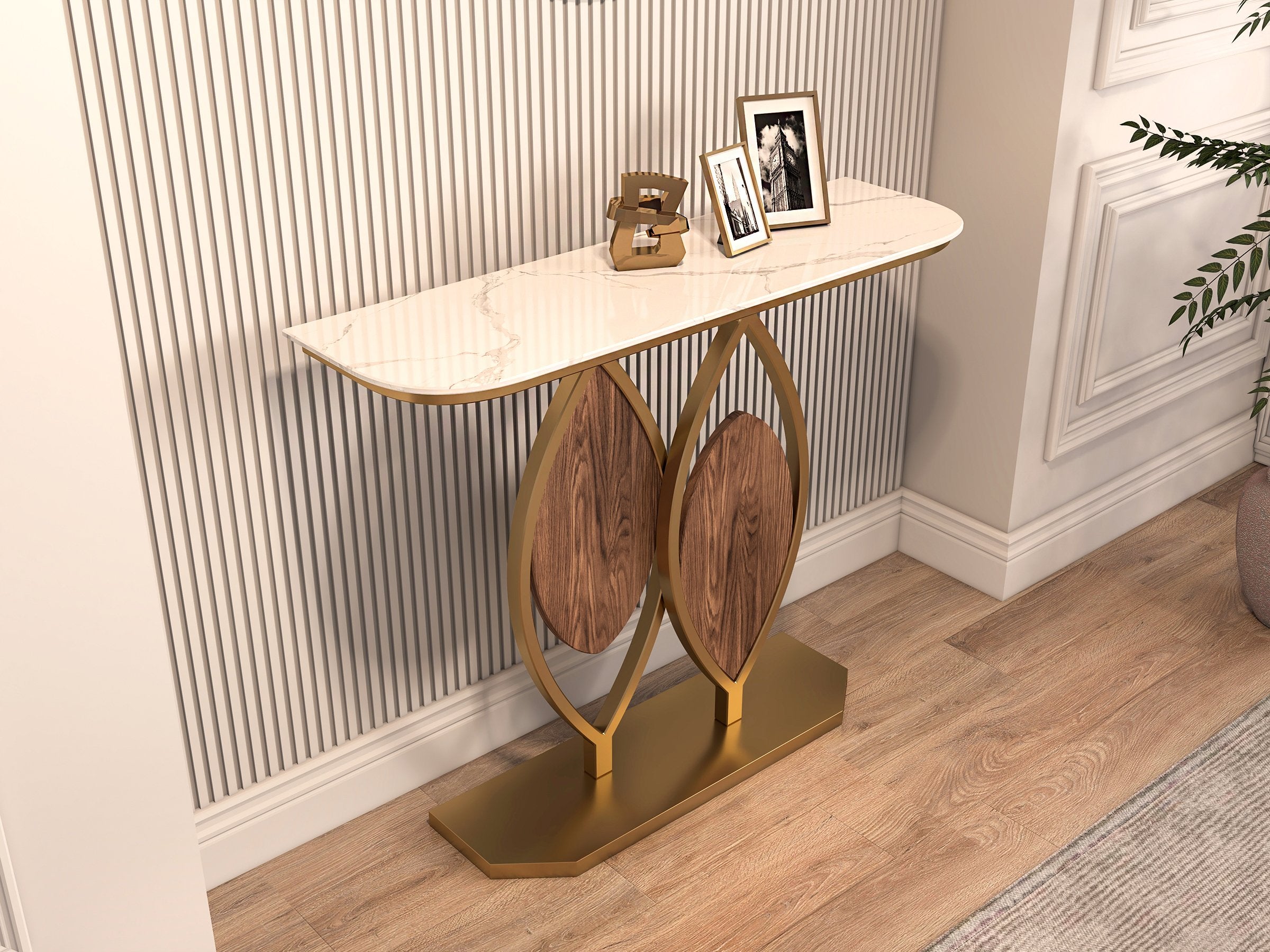 HMR - Duo 39.4" White Console Table Modern Accent Table For Entryway with Sintered Stone Top