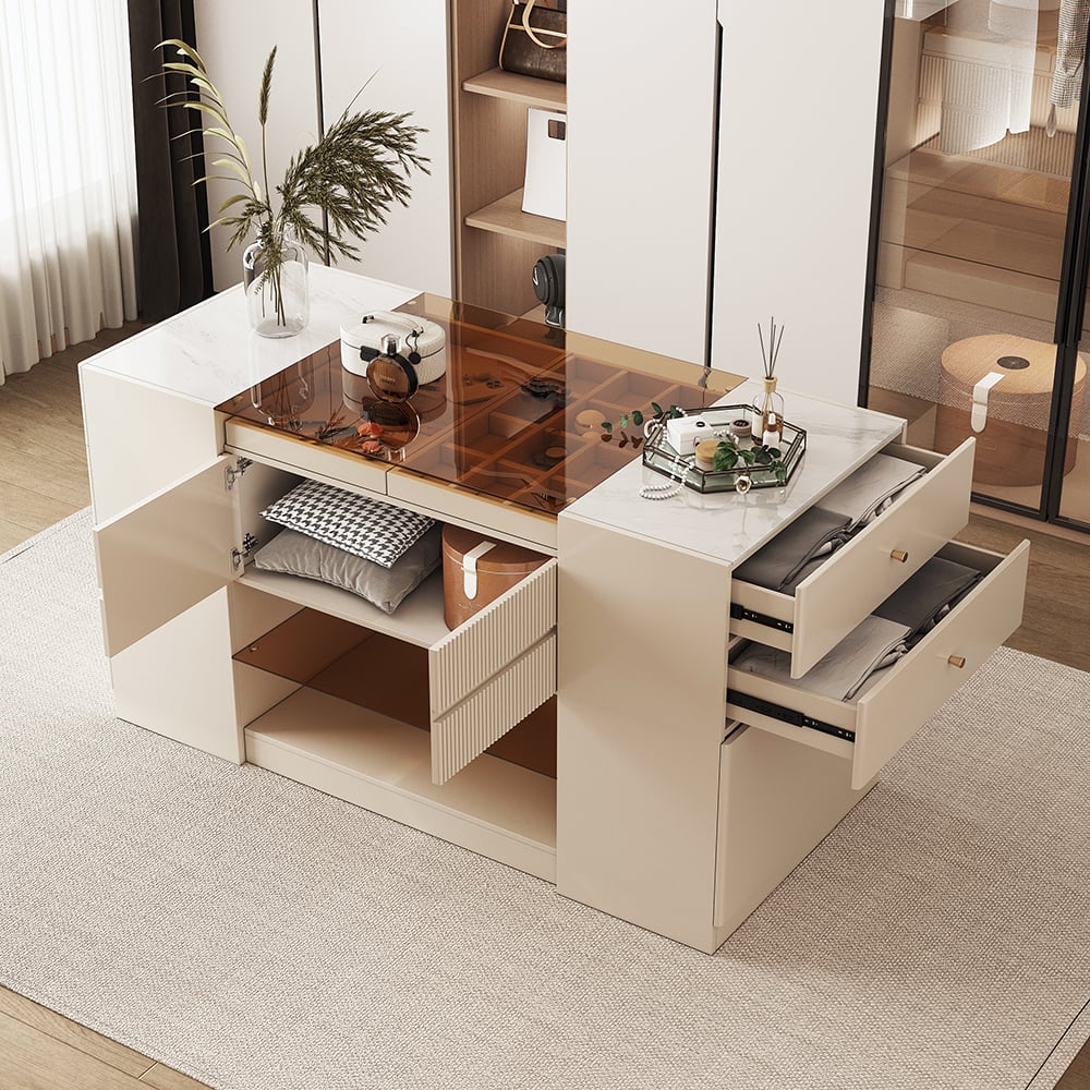 HMR - 60" Glass Top Dresser Walk-in Closet Island with Jewelry Storage