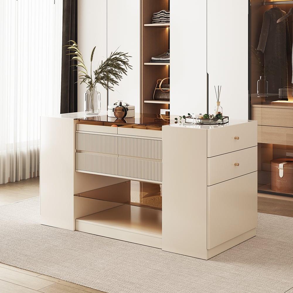 HMR - 60" Glass Top Dresser Walk-in Closet Island with Jewelry Storage