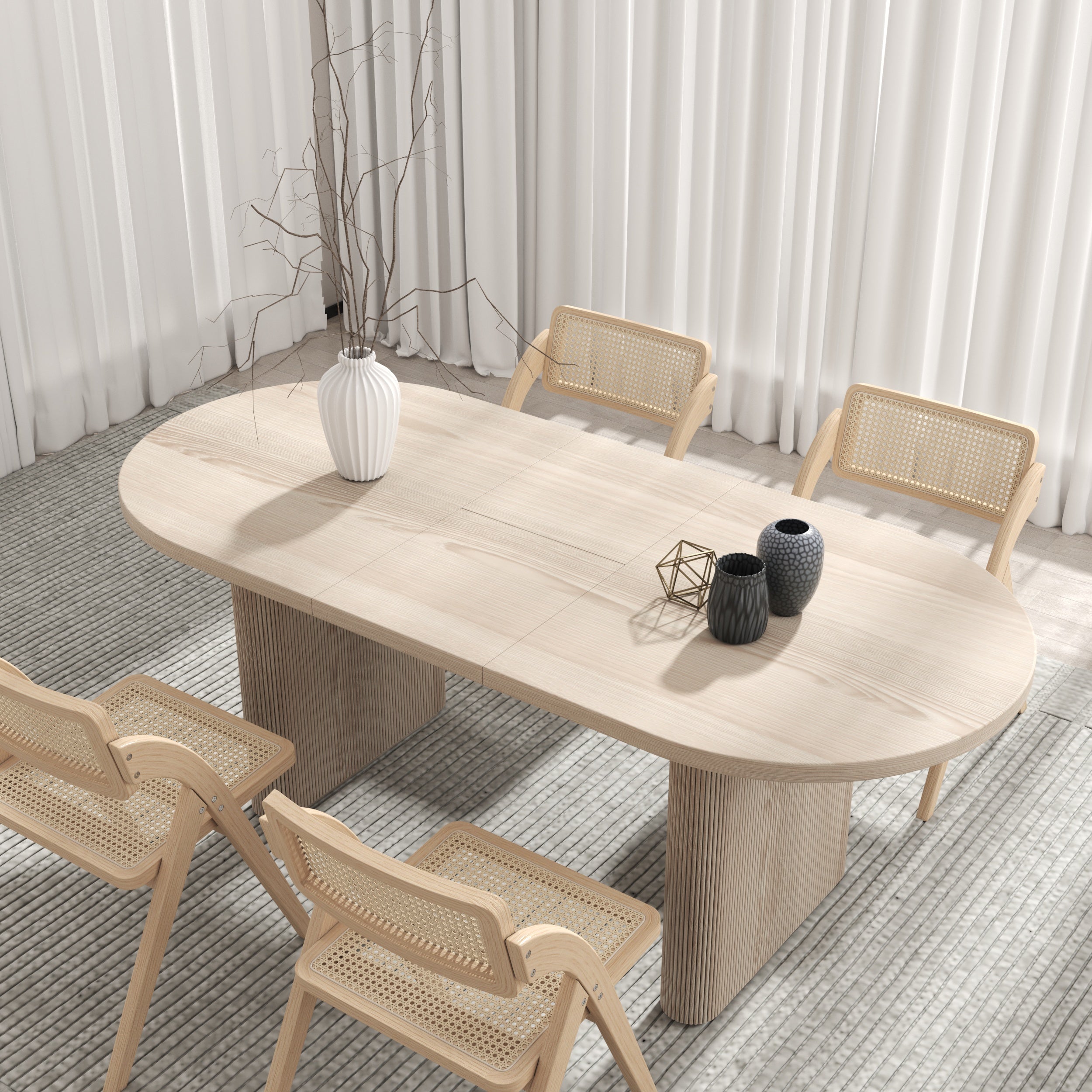 HMR - Dining Set 63"-79" Japandi Oval Extendable Dining Table Whitewash with Chairs