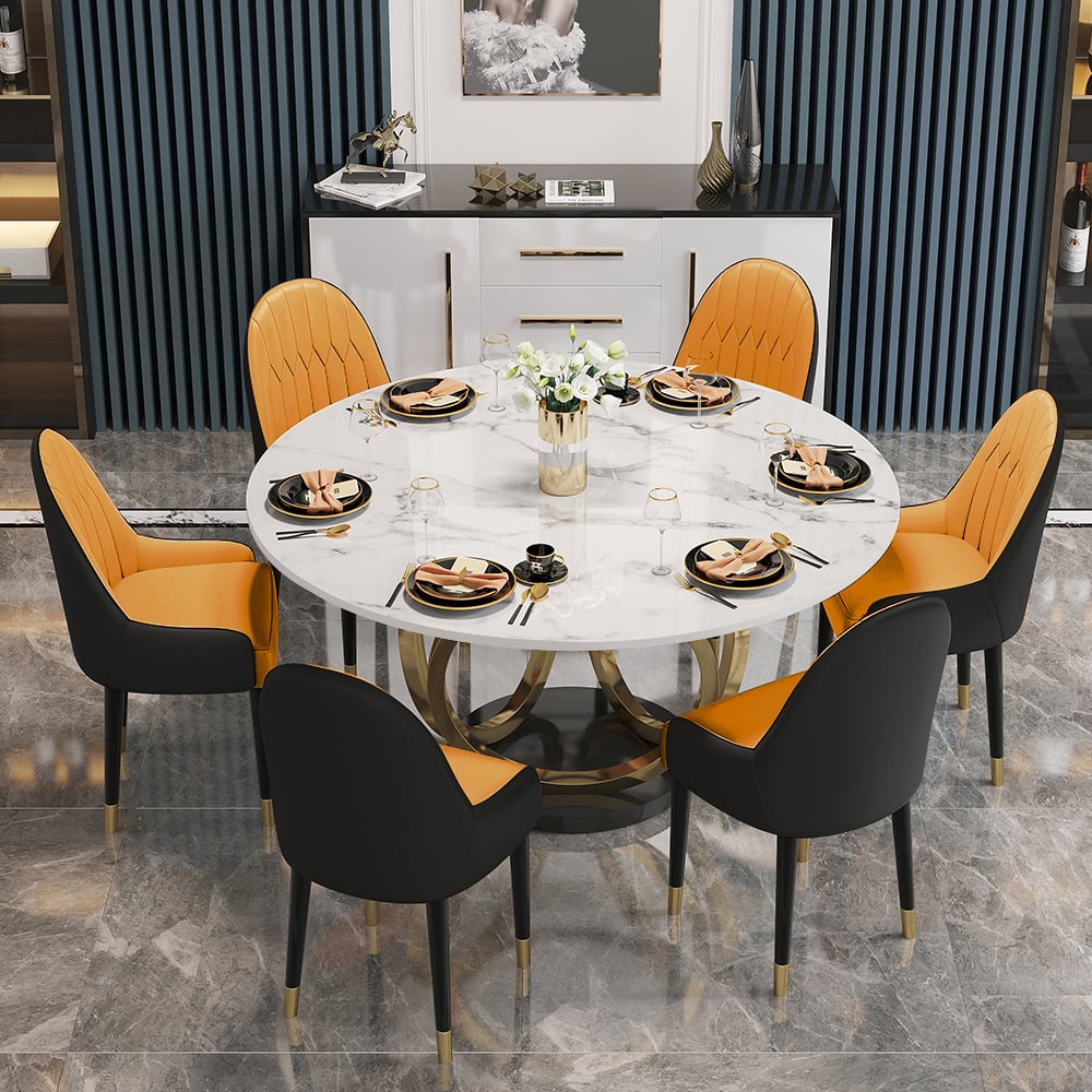 HMR - Dining Set 53.1" Modern Style Round Sintered Stone Dining Table with 6 Chairs