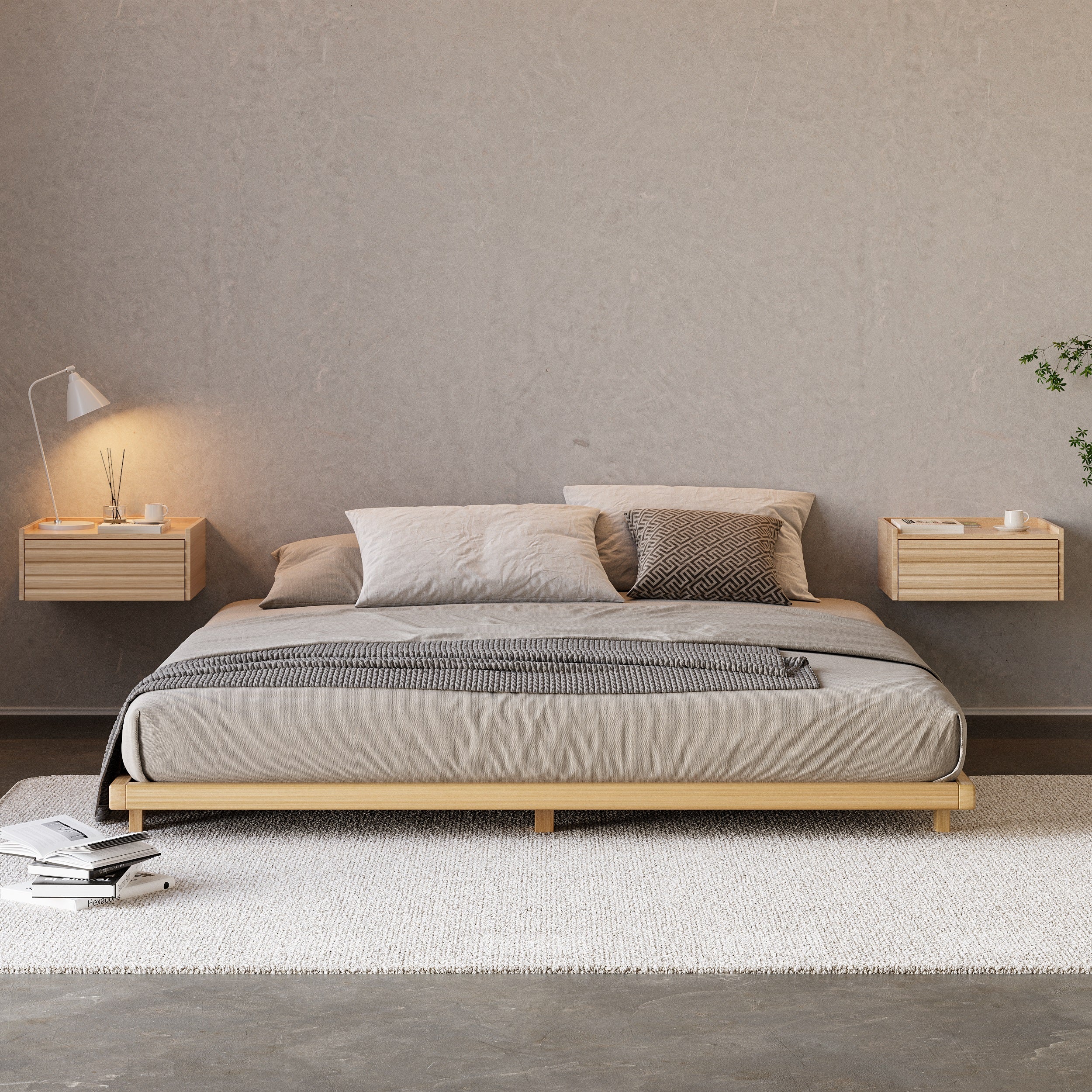 HMR - Japanese Style Queen Low Bed Frame Natural Floor Bed & Floating Wooden Nightstands Set