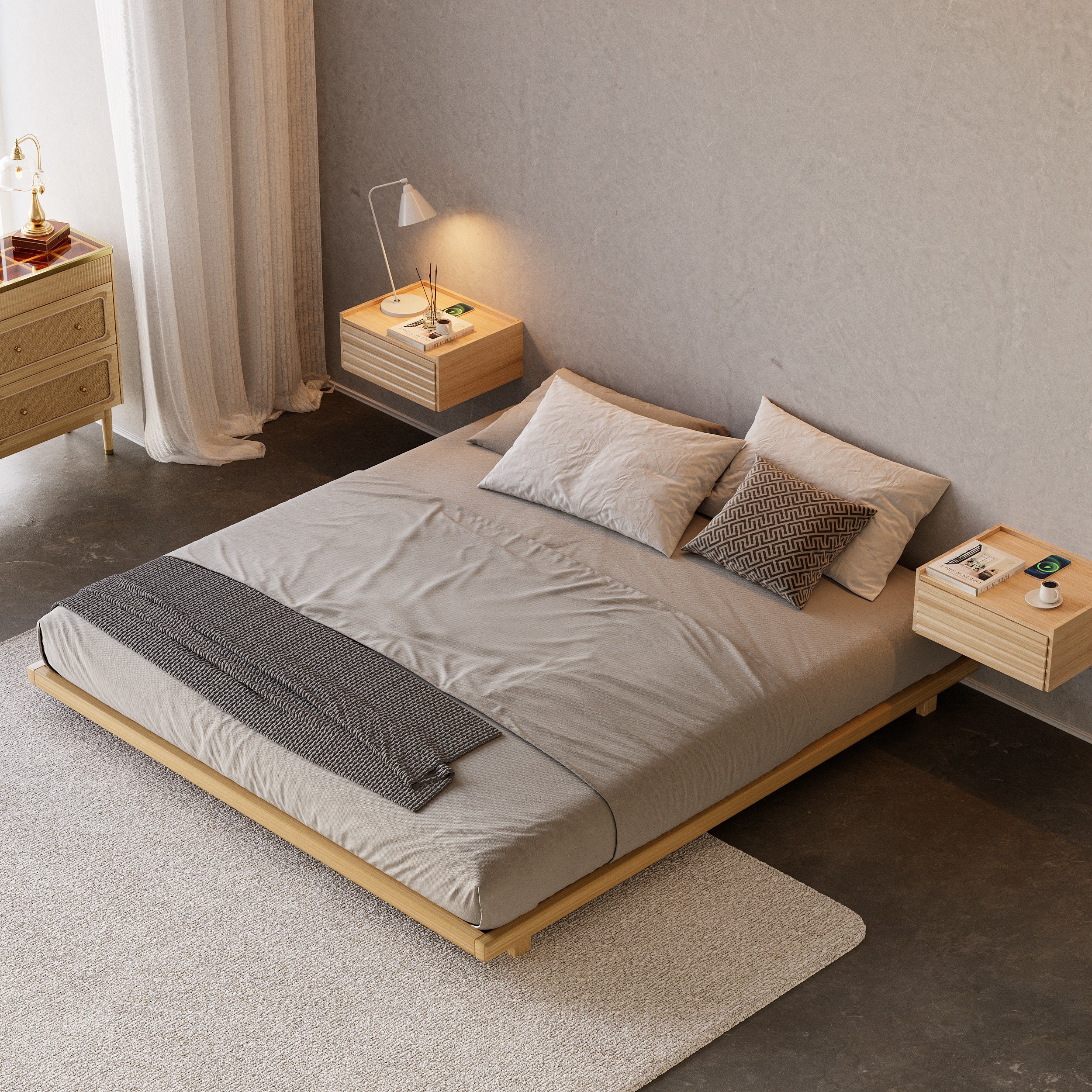 HMR - Japanese Style Queen Low Bed Frame Natural Floor Bed & Floating Wooden Nightstands Set