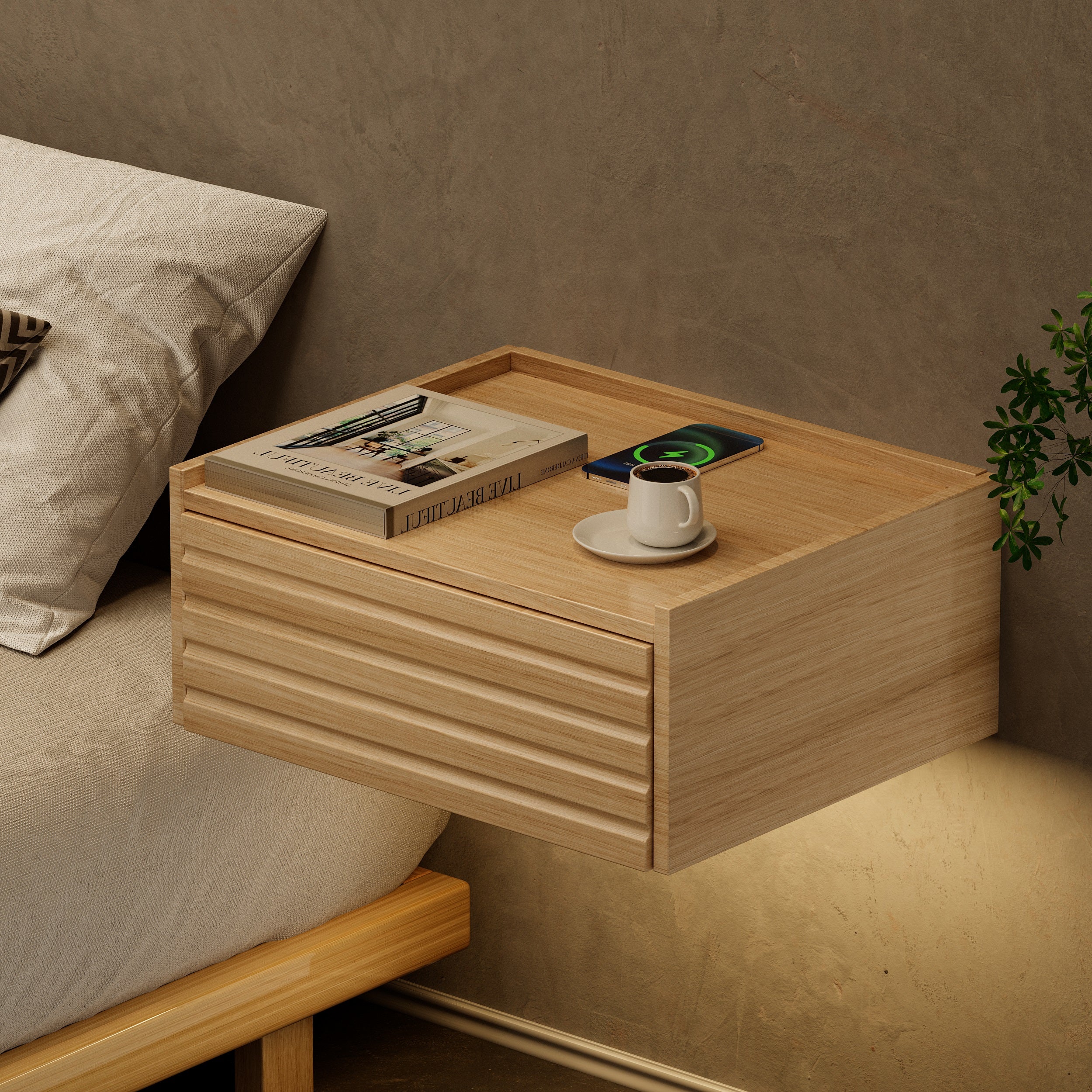 HMR - Japanese Style Queen Low Bed Frame Natural Floor Bed & Floating Wooden Nightstands Set