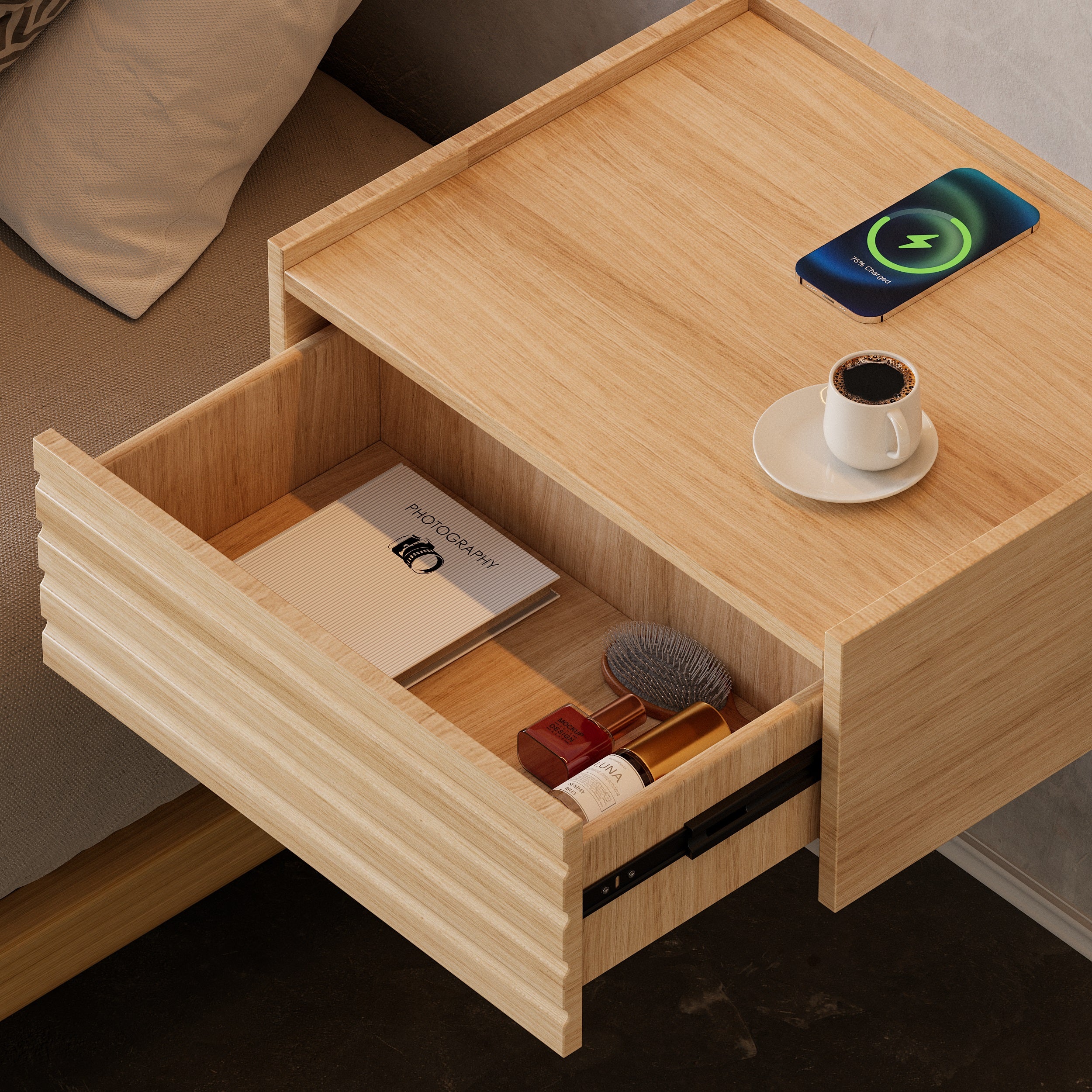 HMR - Japanese Style Queen Low Bed Frame Natural Floor Bed & Floating Wooden Nightstands Set