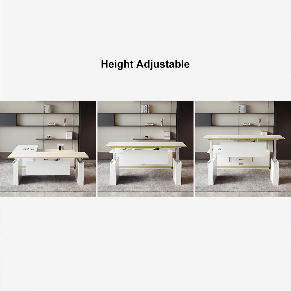 HMR - Modern White U-shaped Adjustable Height Electric Standing Desk with 2 Doors & 3 Drawers