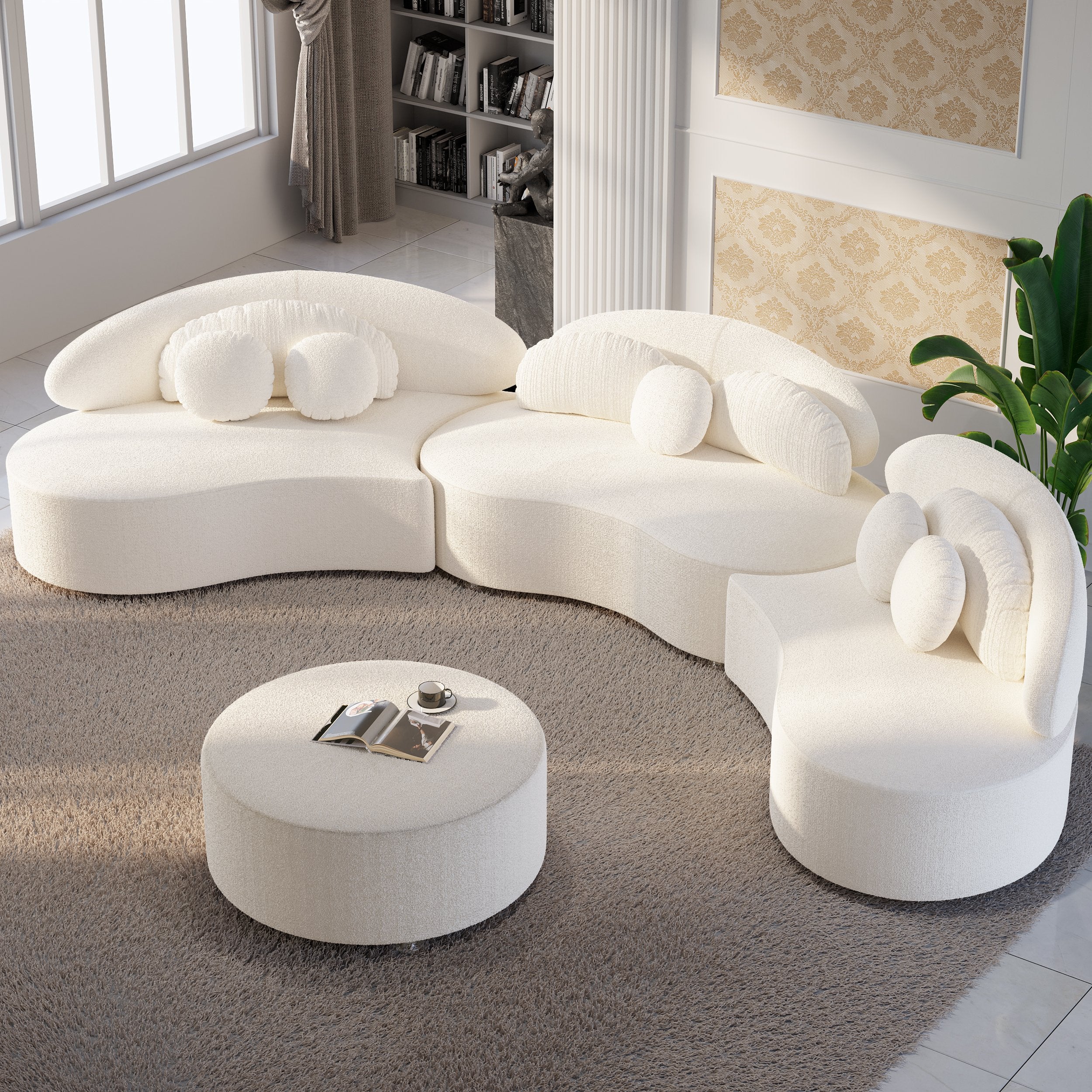HMR - Curved Sectional Sofa with Ottoman & Pillows