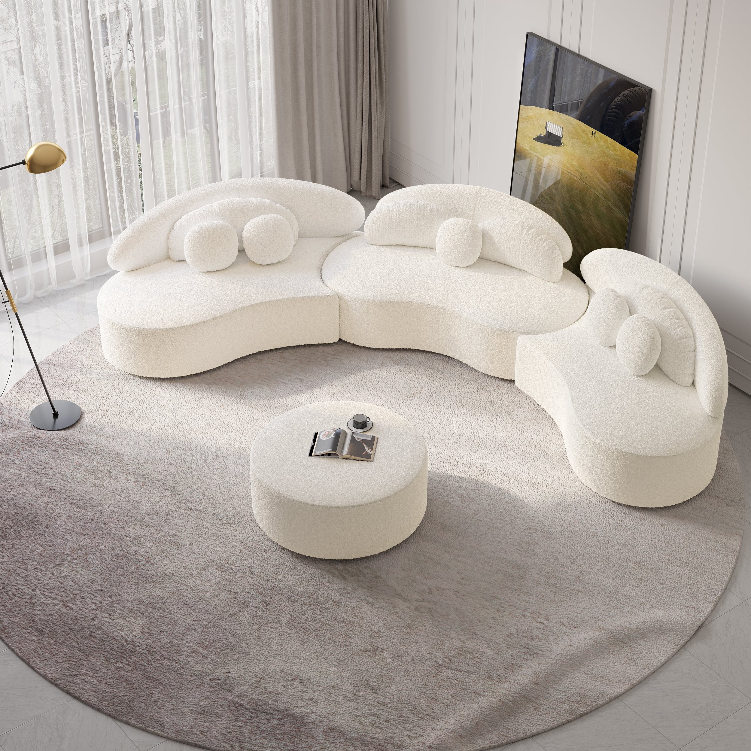 HMR - Curved Sectional Sofa with Ottoman & Pillows