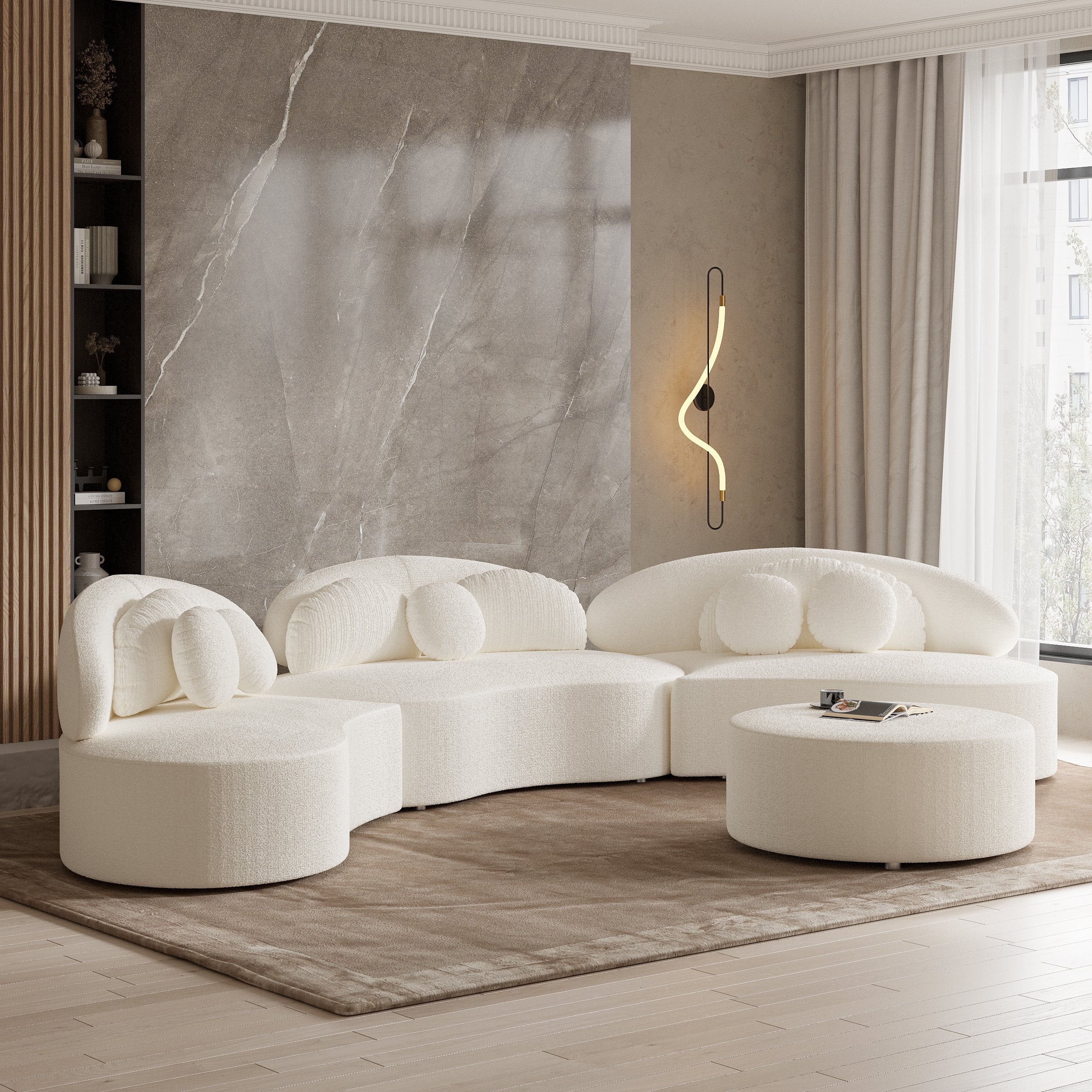 HMR - Curved Sectional Sofa with Ottoman & Pillows