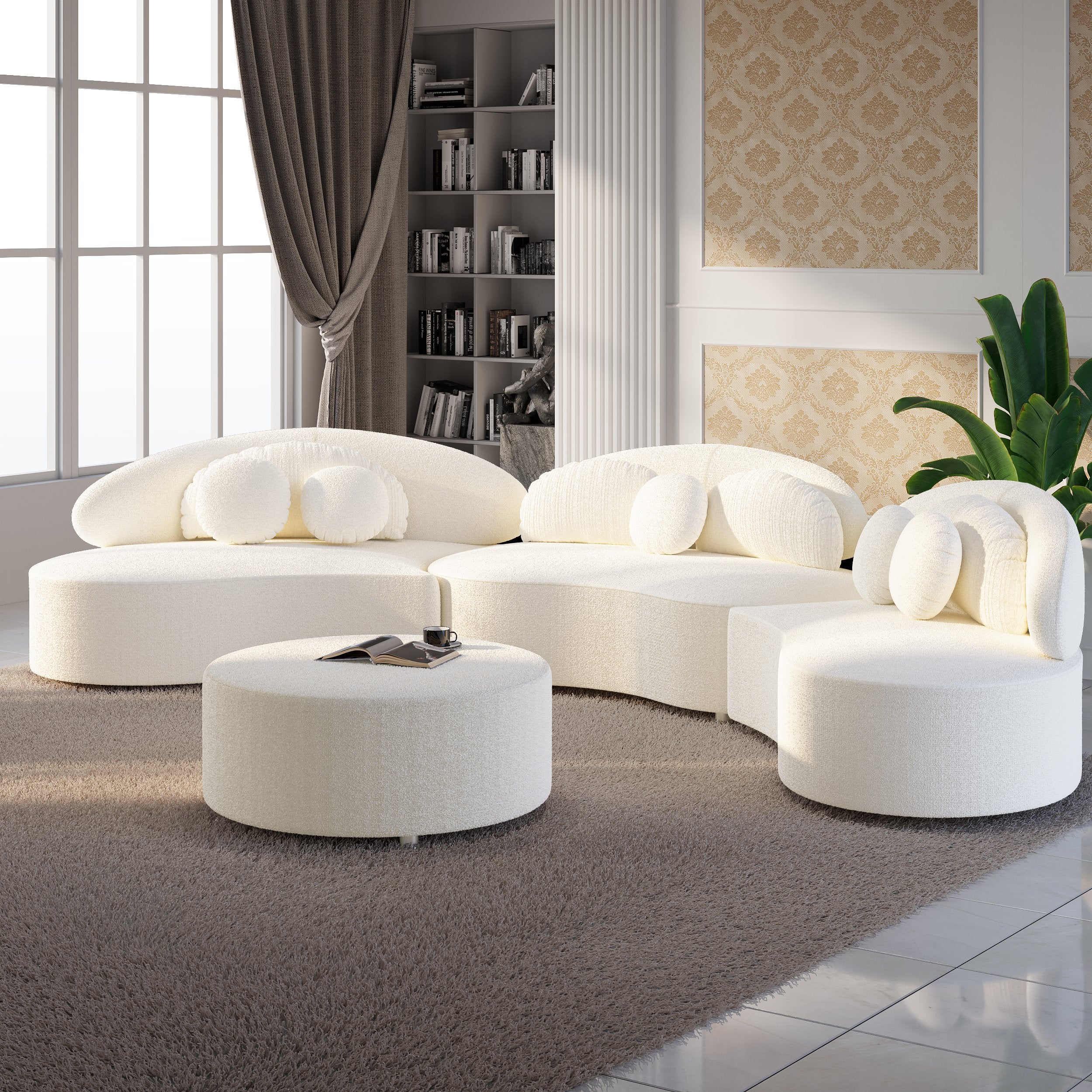 HMR - Curved Sectional Sofa with Ottoman & Pillows