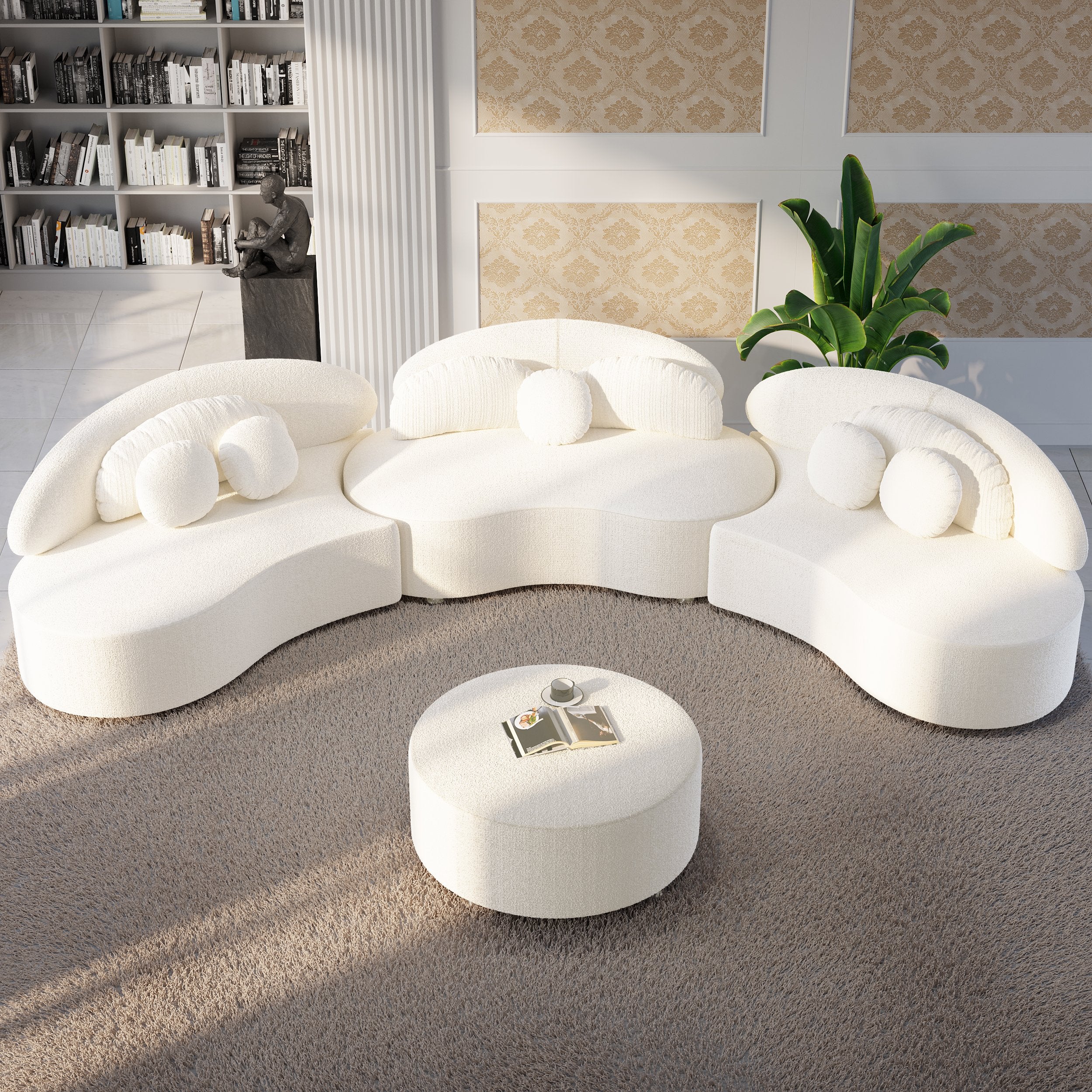 HMR - Curved Sectional Sofa with Ottoman & Pillows