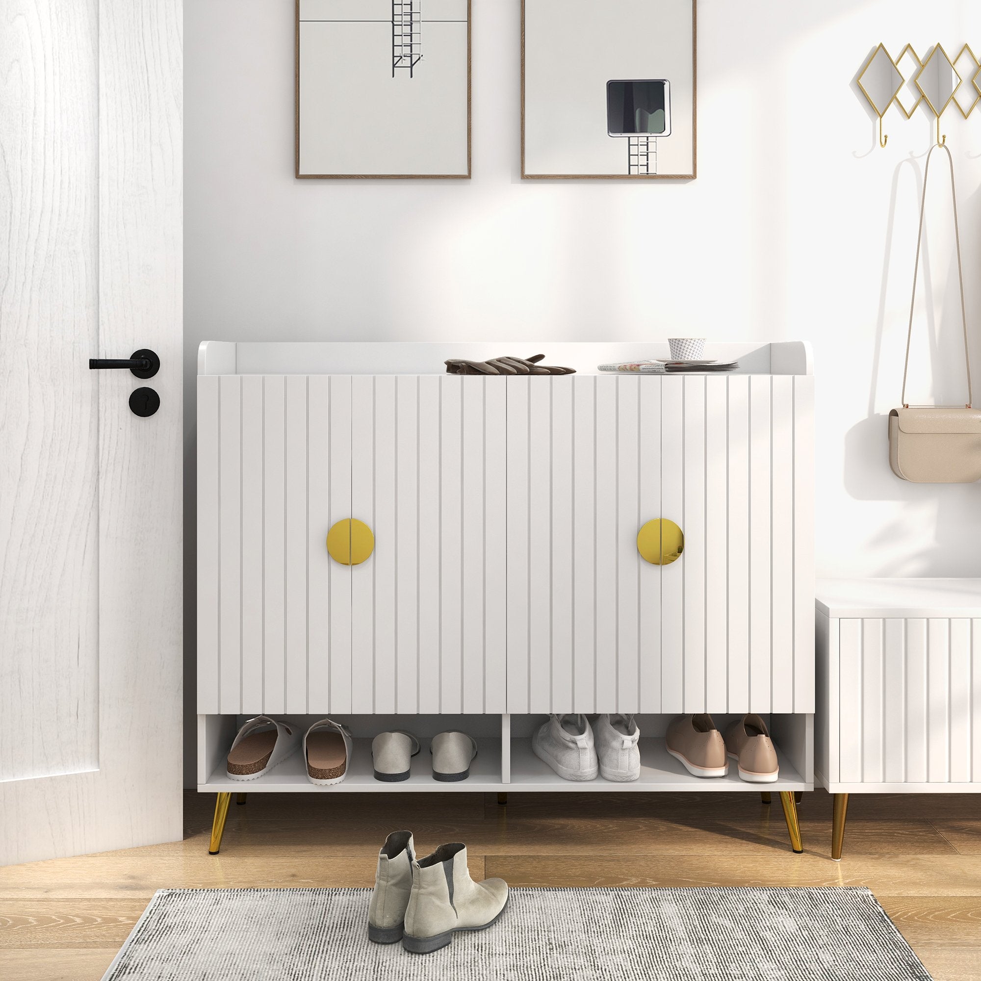 HMR - Yellar Nordic Entryway Shoe Cabinet with Doors & Open Shelves