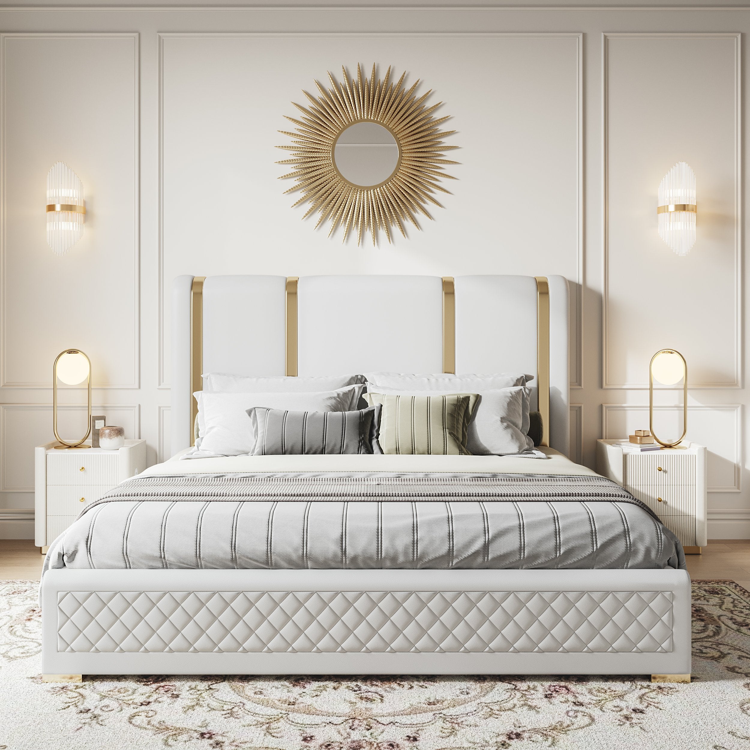 HMR - King Size Upholstered Bed Frame Polished Gold & Faux Leather Headboard & Nightstands Set
