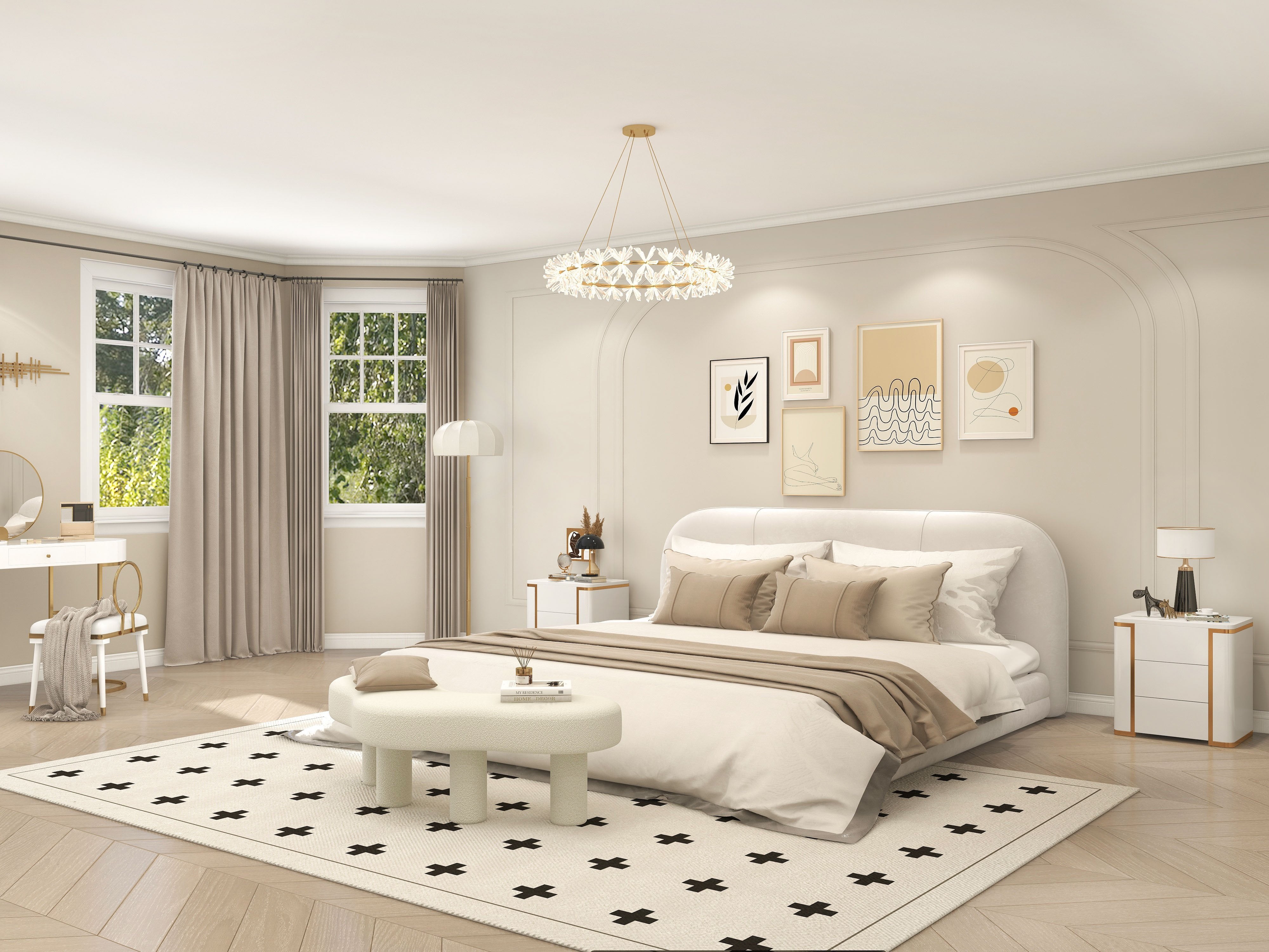 HMR - Modern White Bedroom Bench Boucle Tufted Long Bench with 4 Legs