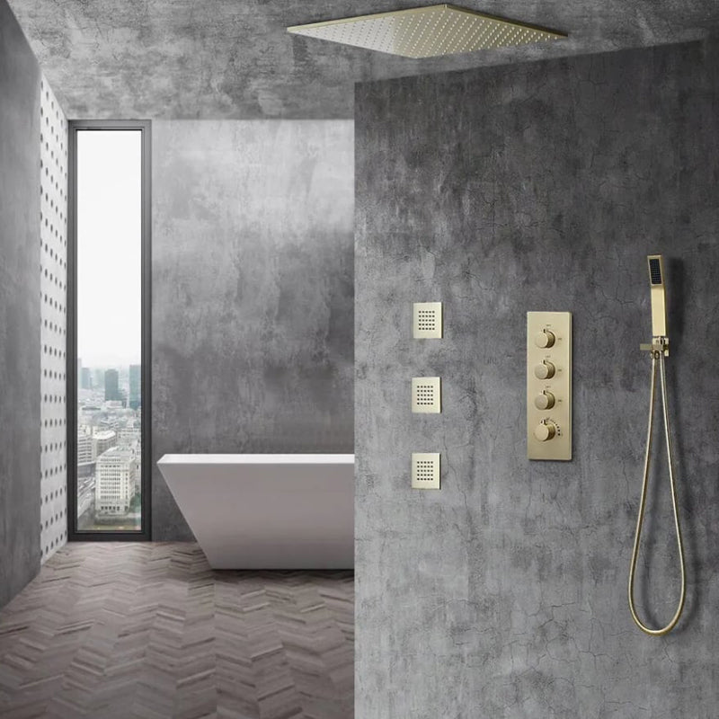 HMR - 16" Thermostatic Rain Shower System with Hand Shower & 3 Body Jet Sprays in Brushed Gold