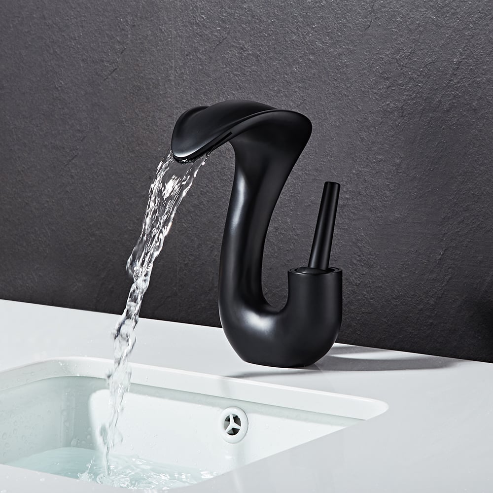 HMR - Modern Elegant Waterfall Bathroom Sink Faucet Single Handle Solid Brass in Black