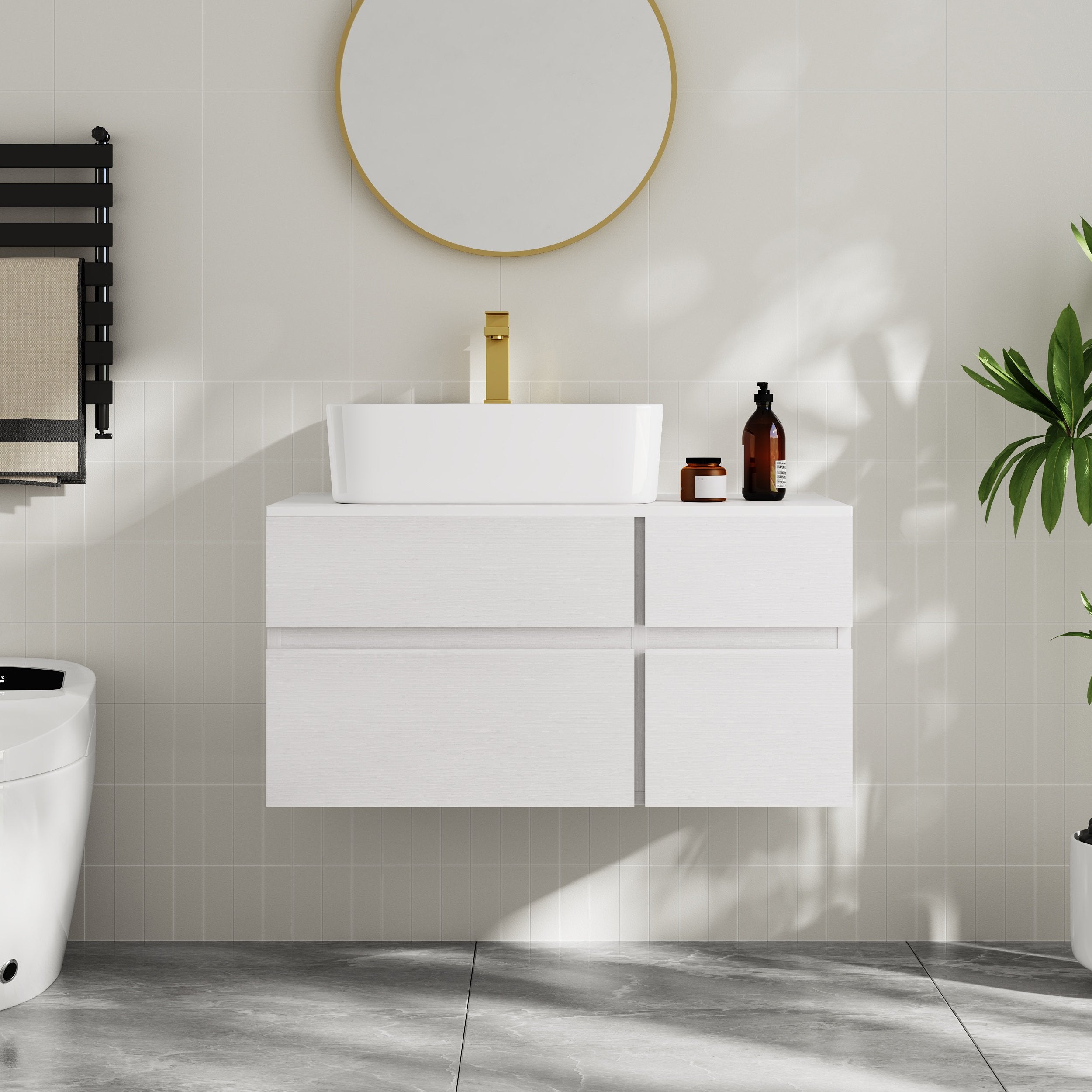 HMR - Modern Floating Bathroom Vanity Set with Faux Marble Top & Double Ceramic with Vessel Sink