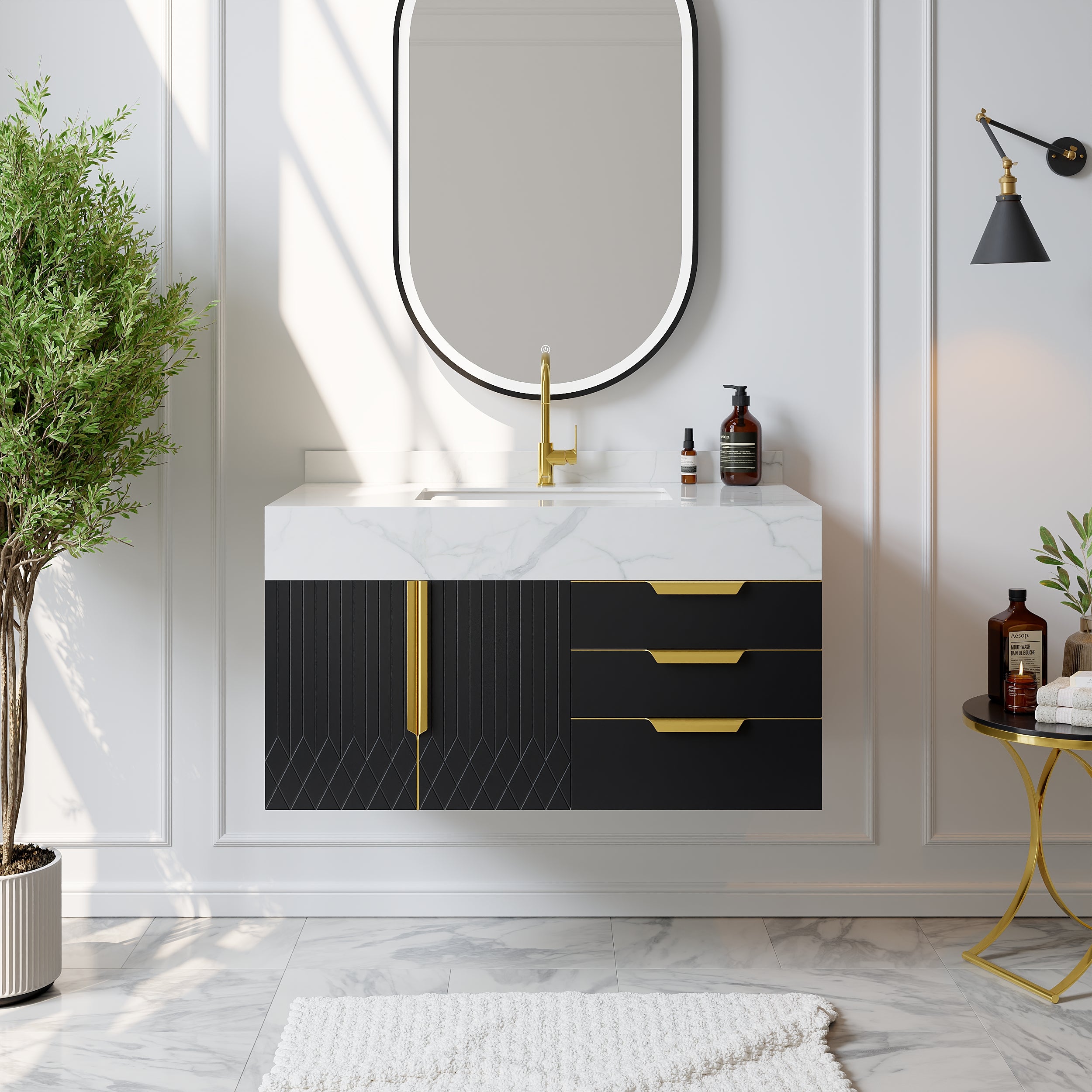 HMR - Aro Freestanding Single Sink Bathroom Vanity Drawers Doors Faux Marble Top