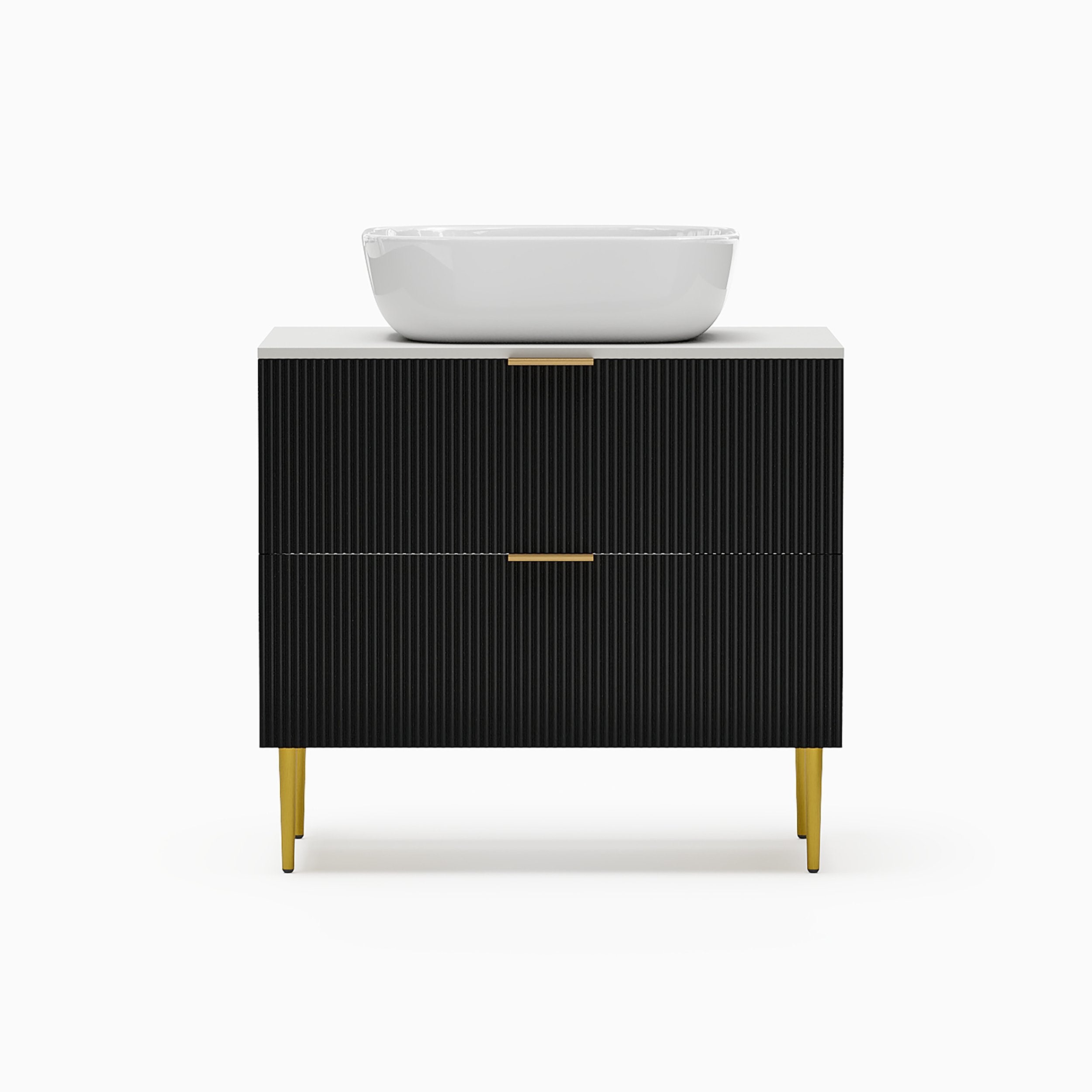 HMR - 31.5'' Black Single Fluted Bathroom Vanity with Vessel Sink and 2 Drawers