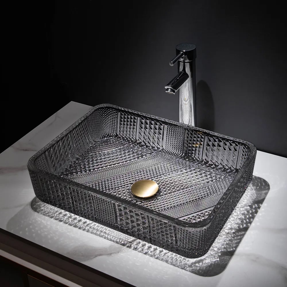 HMR - Modern Glass Rectangle Transparent Bathroom Vessel Sink Wash Sink with Drain
