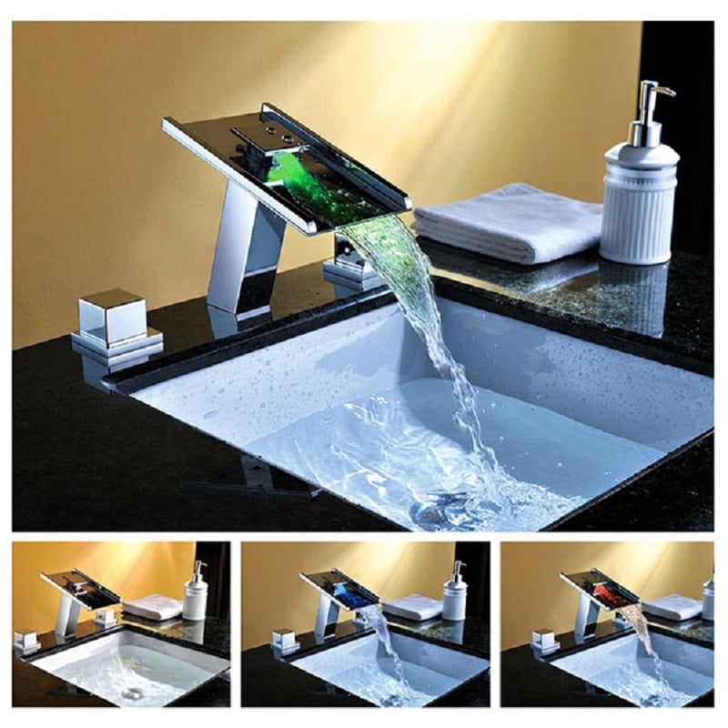 HMR - Modern 1-Hole Waterfall Bathroom Sink Faucet in Chrome Brass with LED Light