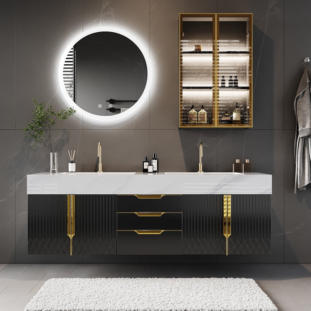 HMR - Aro Freestanding Single Sink Bathroom Vanity Drawers Doors Faux Marble Top