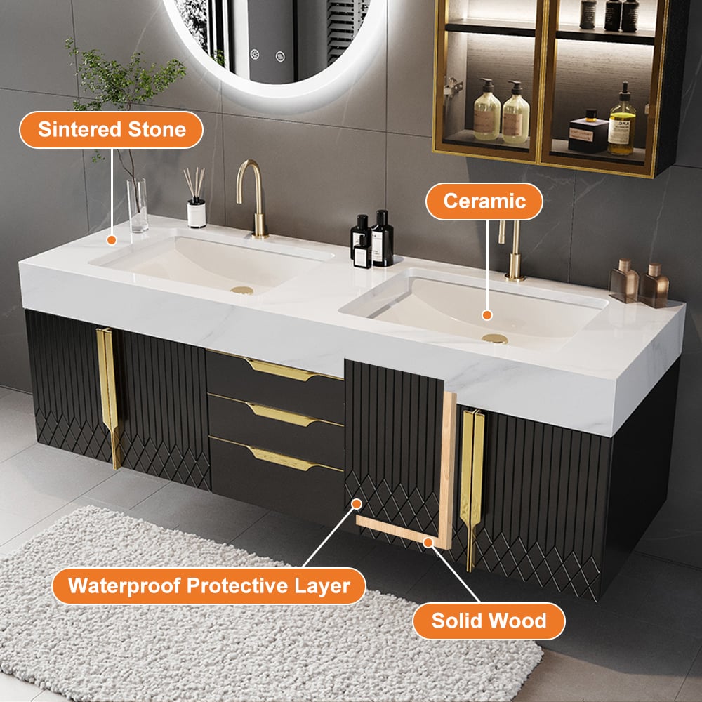 HMR - Aro Freestanding Single Sink Bathroom Vanity Drawers Doors Faux Marble Top