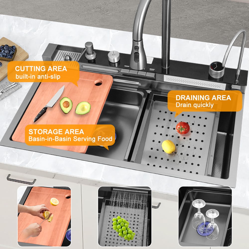 HMR - 29" Drop-in Workstation Kitchen Sink with Faucet Single Bowl Stainless Steel