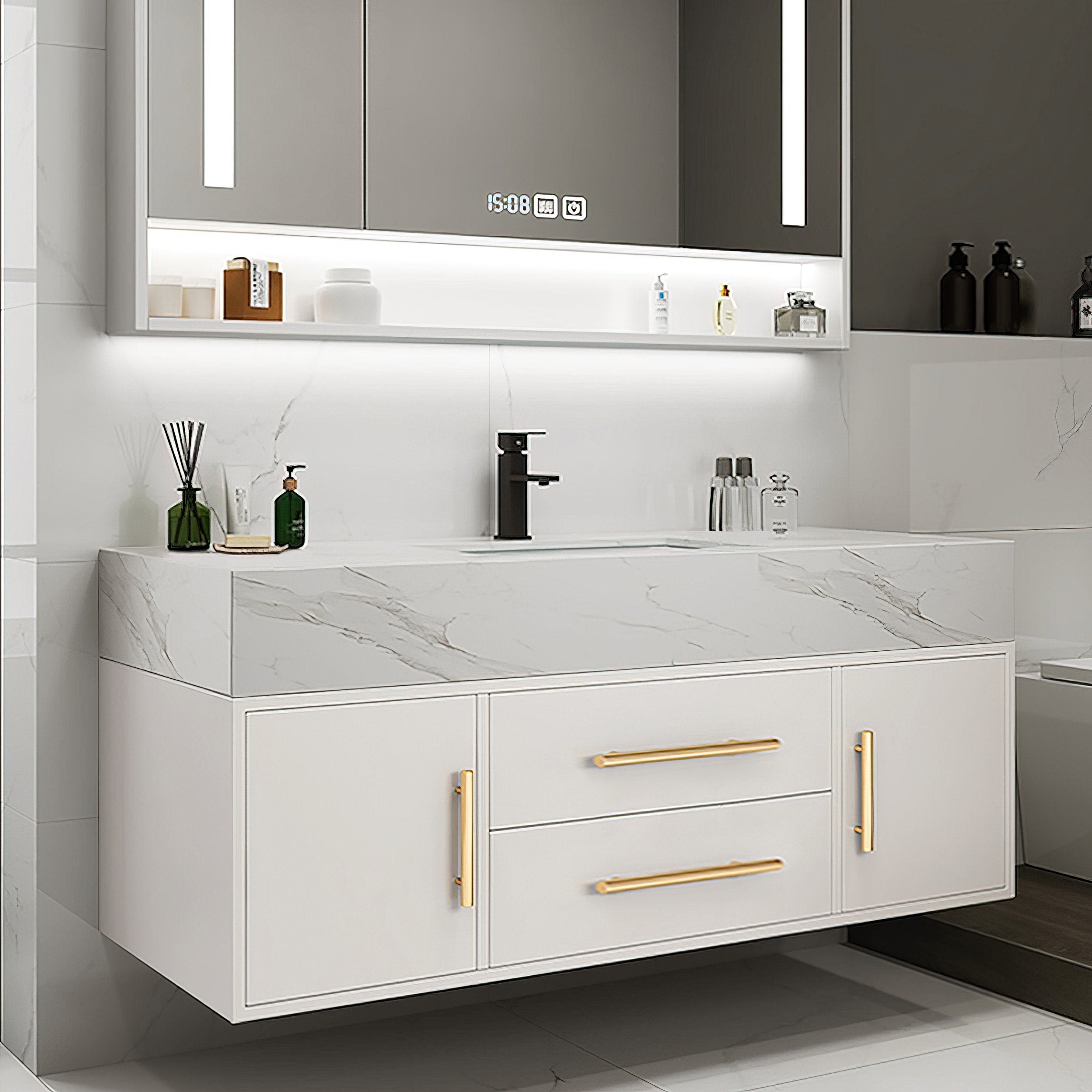 HMR - 39" Modern Floating Stone Top Bathroom Vanity Set with Sink