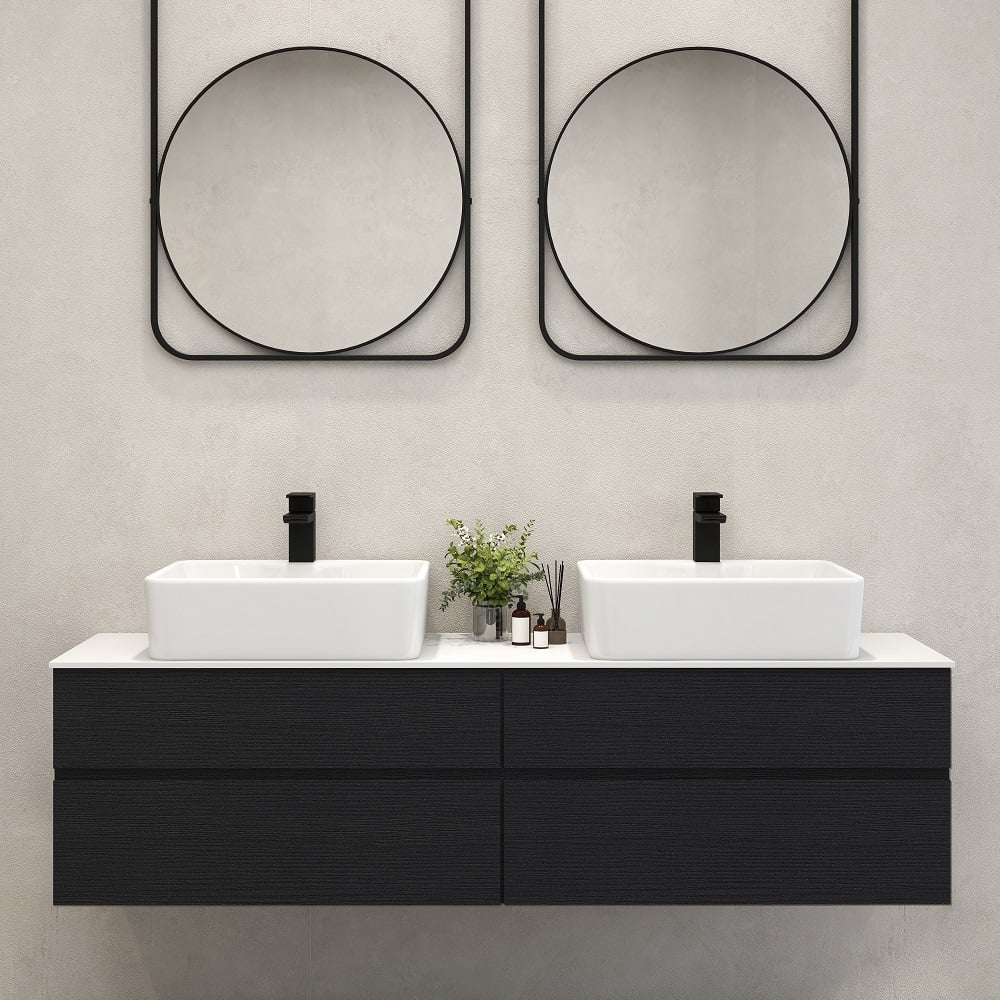 HMR - Modern Floating Bathroom Vanity Set with Faux Marble Top & Double Ceramic with Vessel Sink