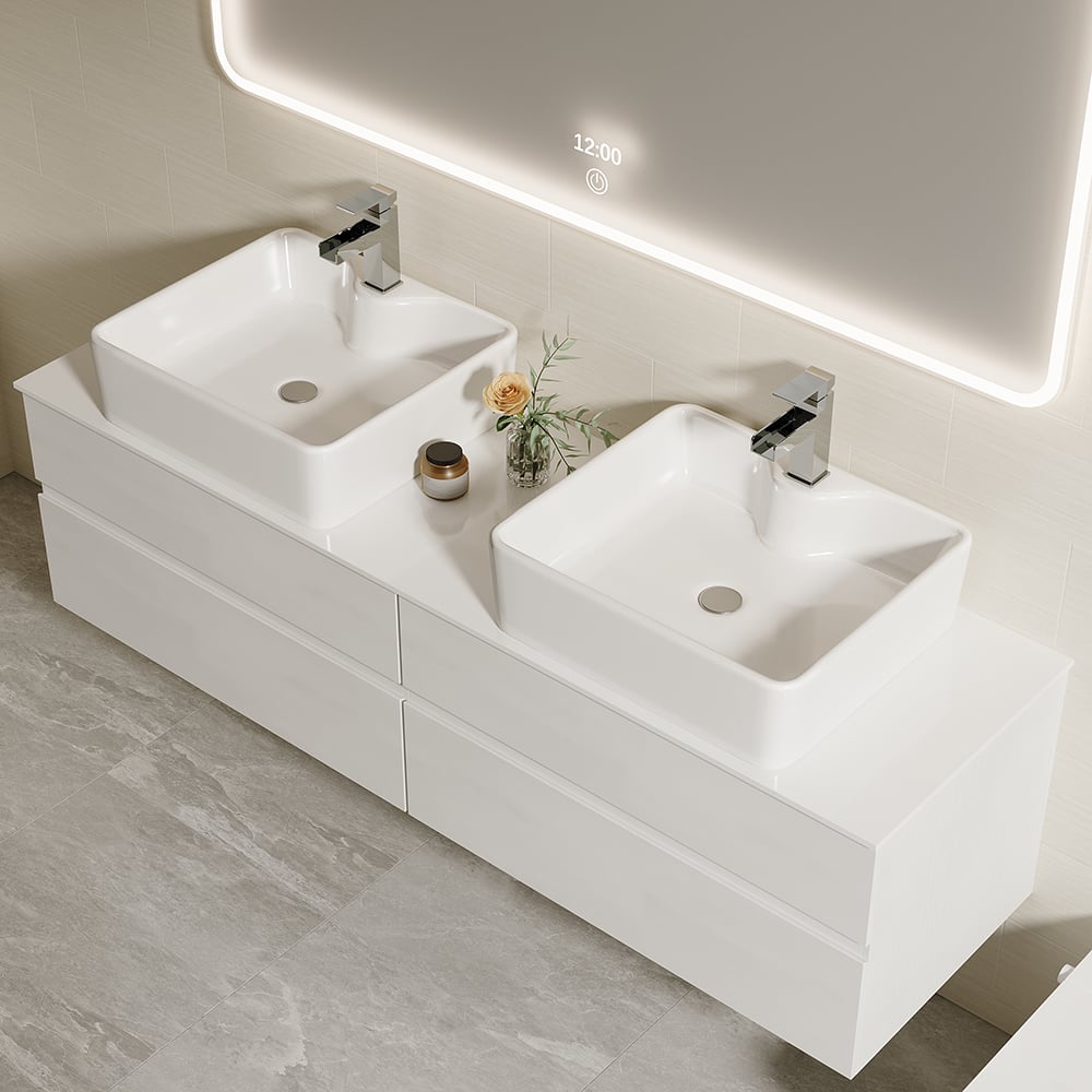 HMR - Modern Floating Bathroom Vanity Set with Faux Marble Top & Double Ceramic with Vessel Sink