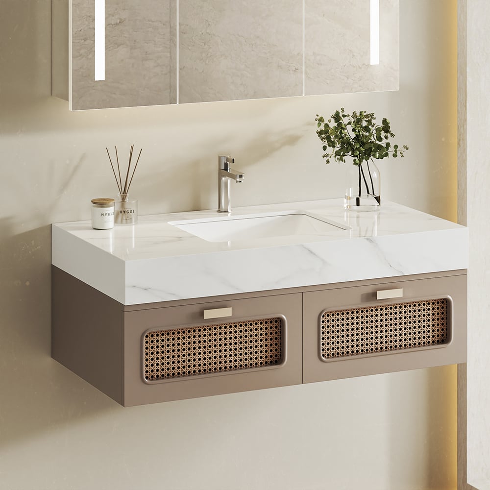 HMR - 35" Floating Single Bathroom Vanity with Faux Marble Top Rattan Door