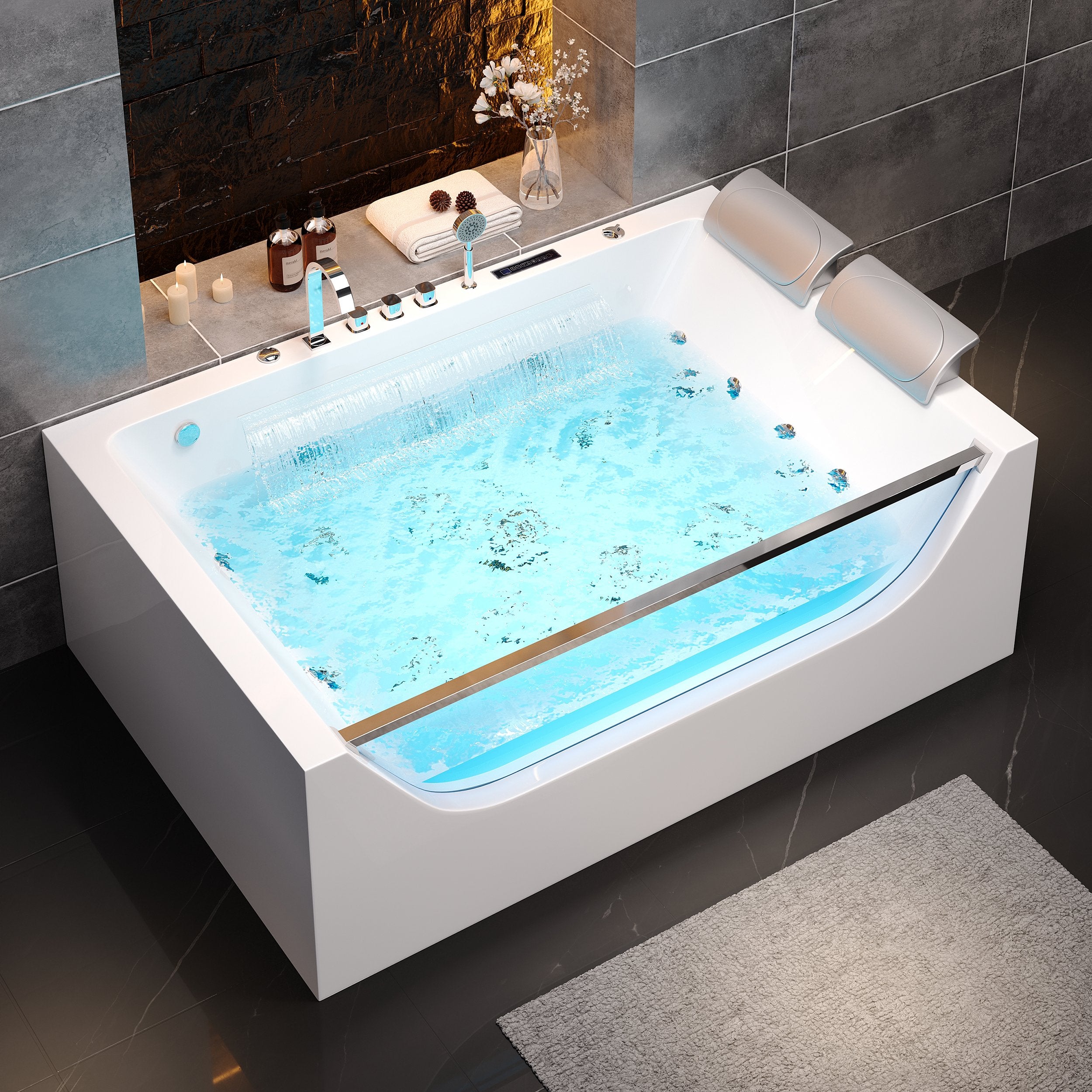 HMR - 70.8" Modern Rectangular Acrylic Massage Bathtub with Thermostat Control