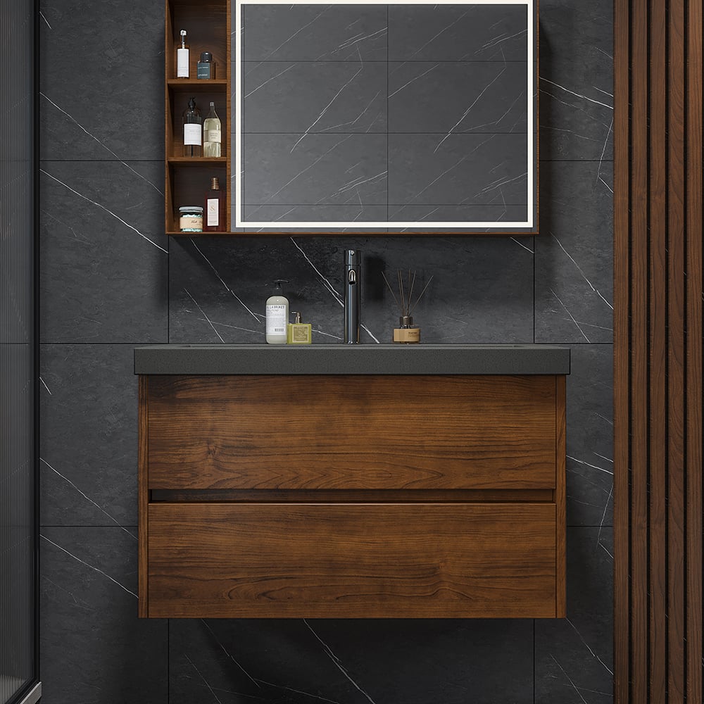 HMR - Bathroom Vanity Set 31.5" Modern Floating Concrete Bathroom Vanity Walnut with Sink