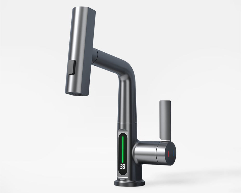 HMR - LED Digital Display Pull-Out Bathroom Faucet with Pull Out Sprayer