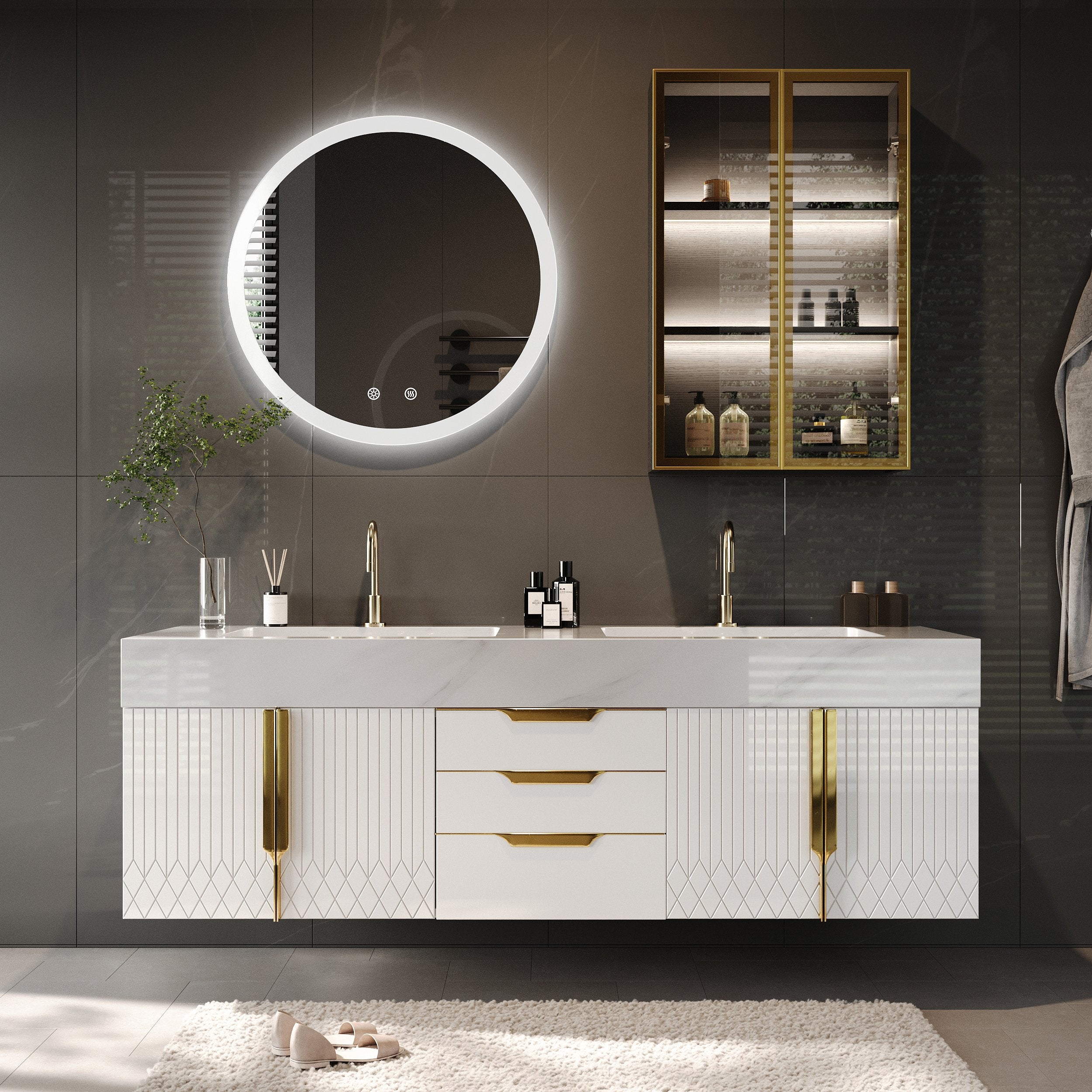 HMR - Aro Freestanding Single Sink Bathroom Vanity Drawers Doors Faux Marble Top
