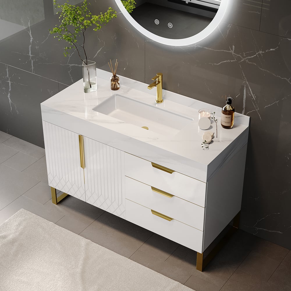 HMR - Aro Freestanding Single Sink Bathroom Vanity Drawers Doors Faux Marble Top