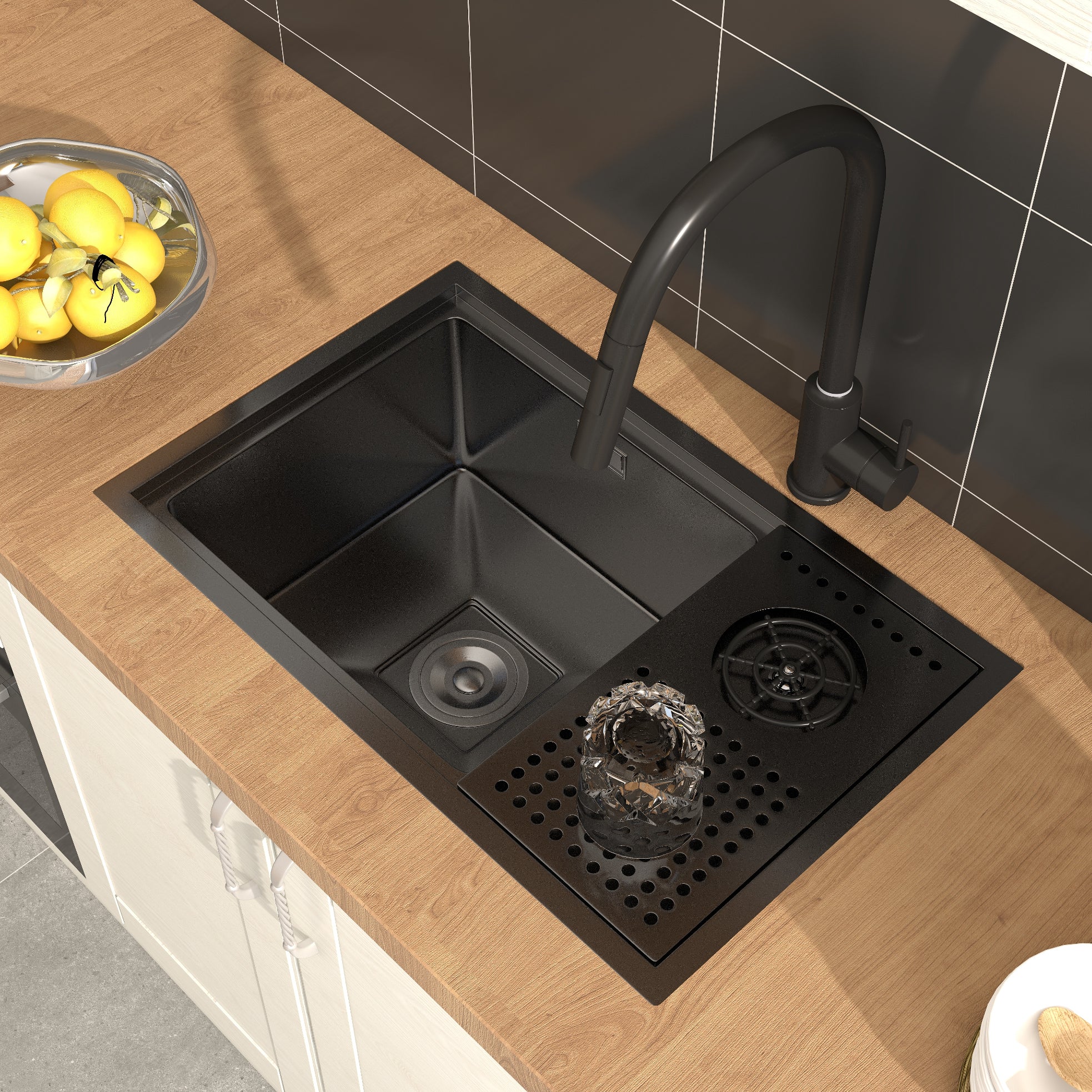 HMR - Drop-in Kitchen Sink With High-pressure Cup Rinser Glass Washer Stainless Steel